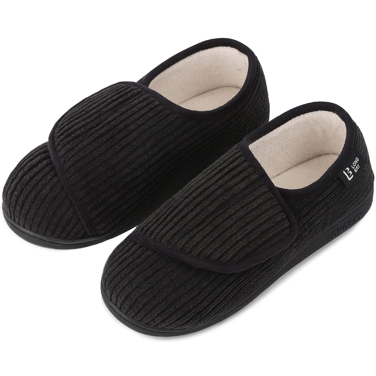 Longbay Womens Furry Memory Foam Diabetic Slippers Comfy Cozy Arthritis Edema House Shoes (6 B(M), Black)