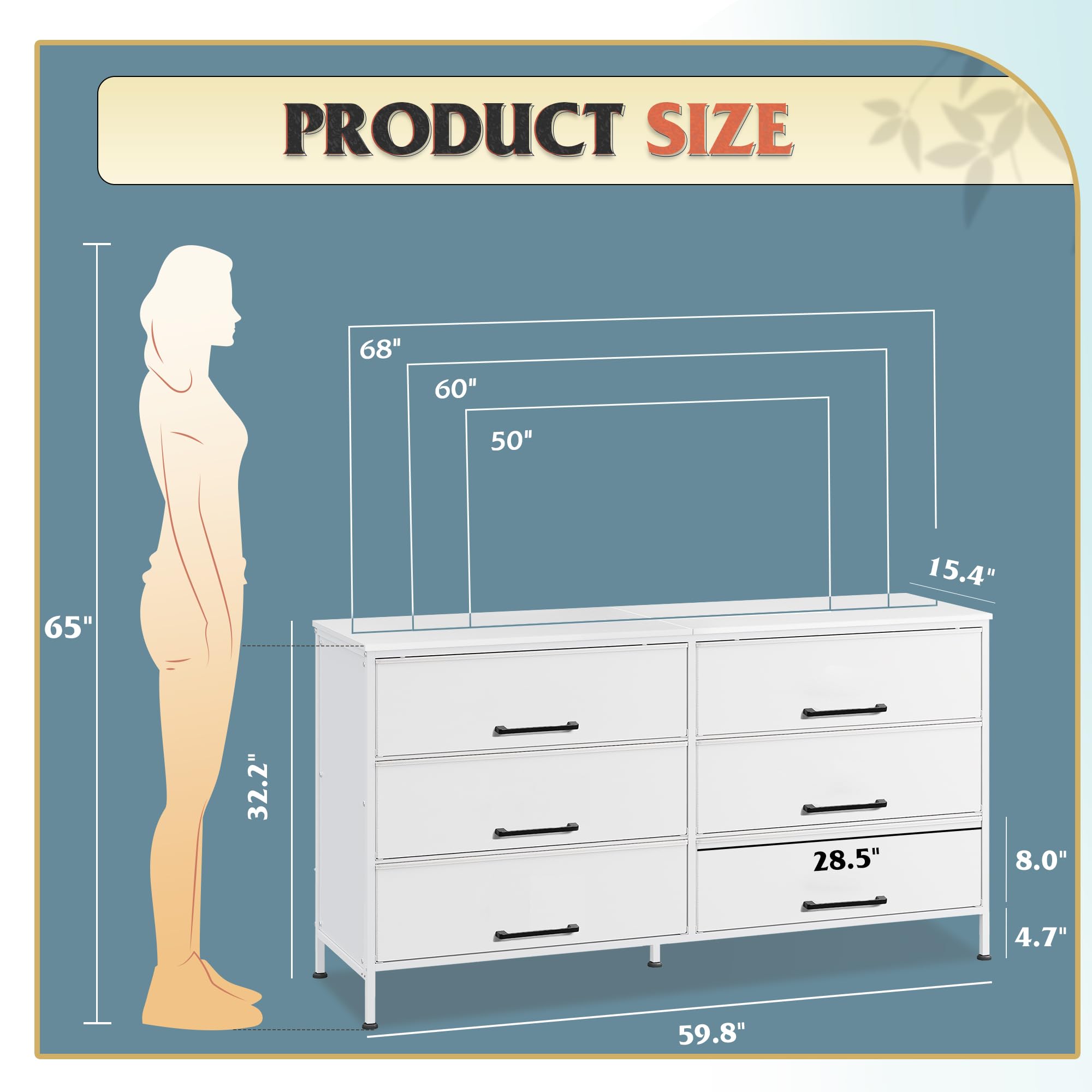 Wlive Wide Fabric Dresser, 6 Drawer Dresser Tv Stand For 68' Tv, Dressers Bedroom Furniture Large Storage Tower Unit With Fabric Bins, White Dresser For Bedroom, Closet, Hallway, White