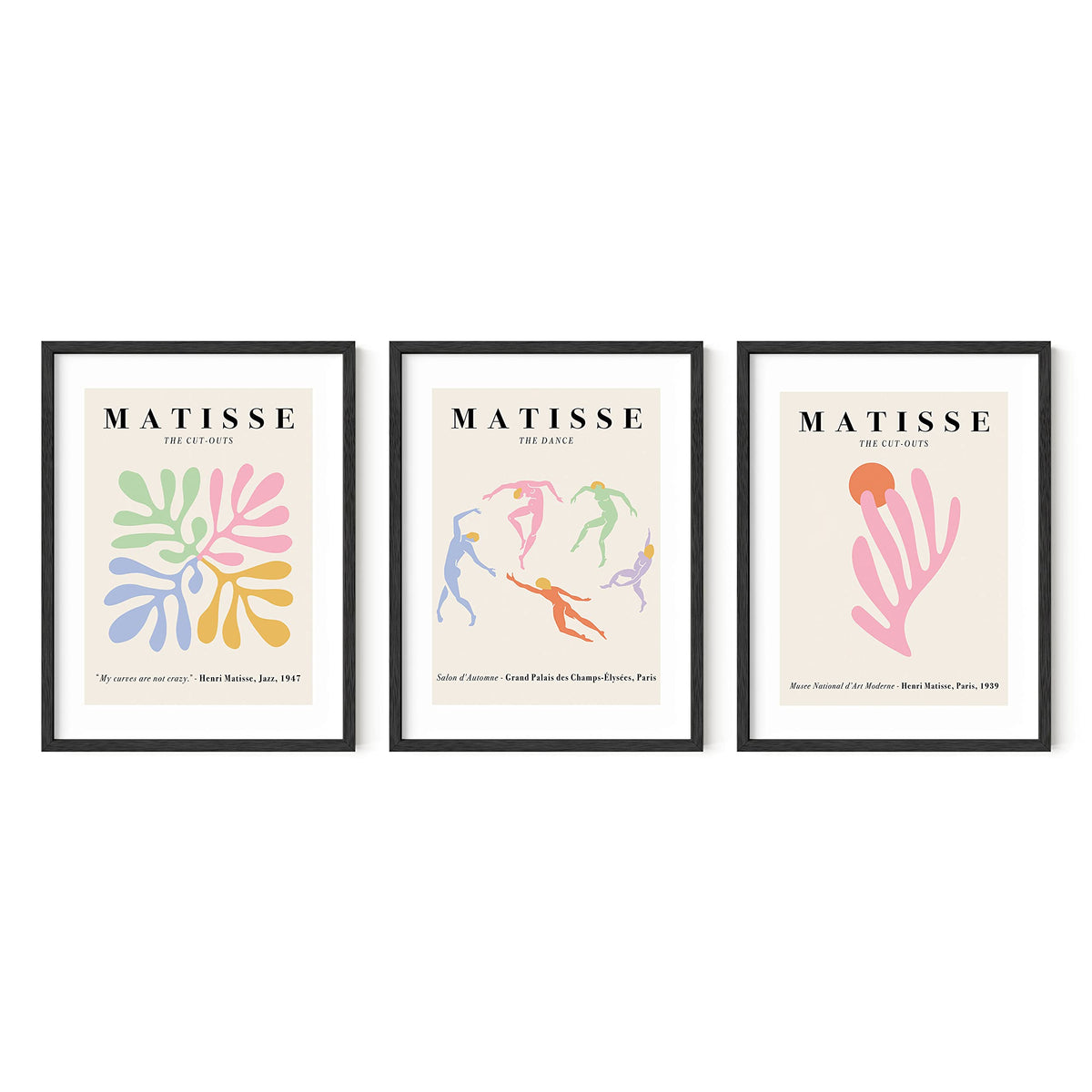 Bright Abstract Art Print Set of 3  12x16  Framed Beige (Pastel Matisse, 12x16 Unframed)