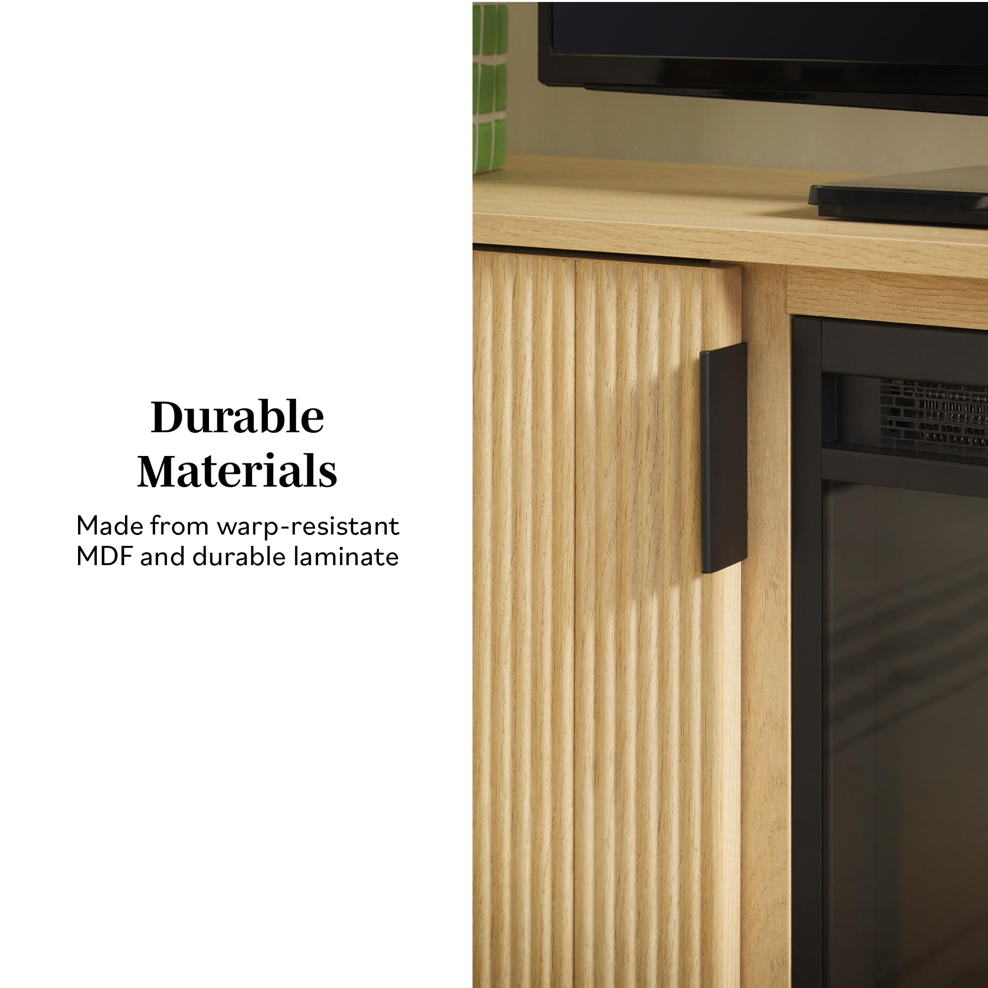 Walker Edison 70' Modern Reeded Tv Stand With Freestanding Electric Fireplace, Cabinet Storage For Media And Games, Ambient Flame With Or Without Heat, 16' D X 23.76' H, Coastal Oak