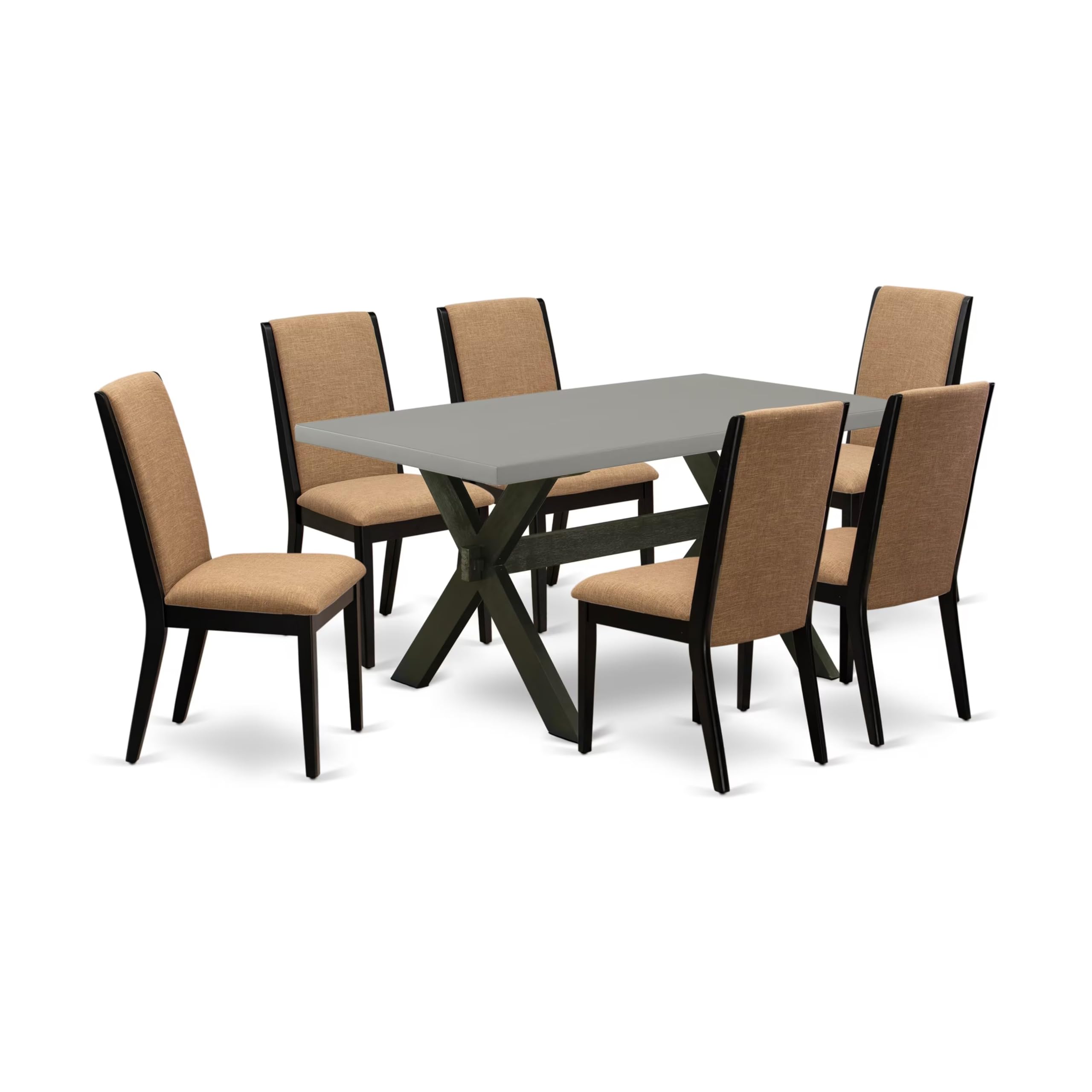 East West Furniture X696La147-7 7 Piece Dinette Set Consist Of A Rectangle Dining Room Table With X-Legs And 6 Light Sable Linen Fabric Upholstered Chairs, 36X60 Inch, Multi-Color