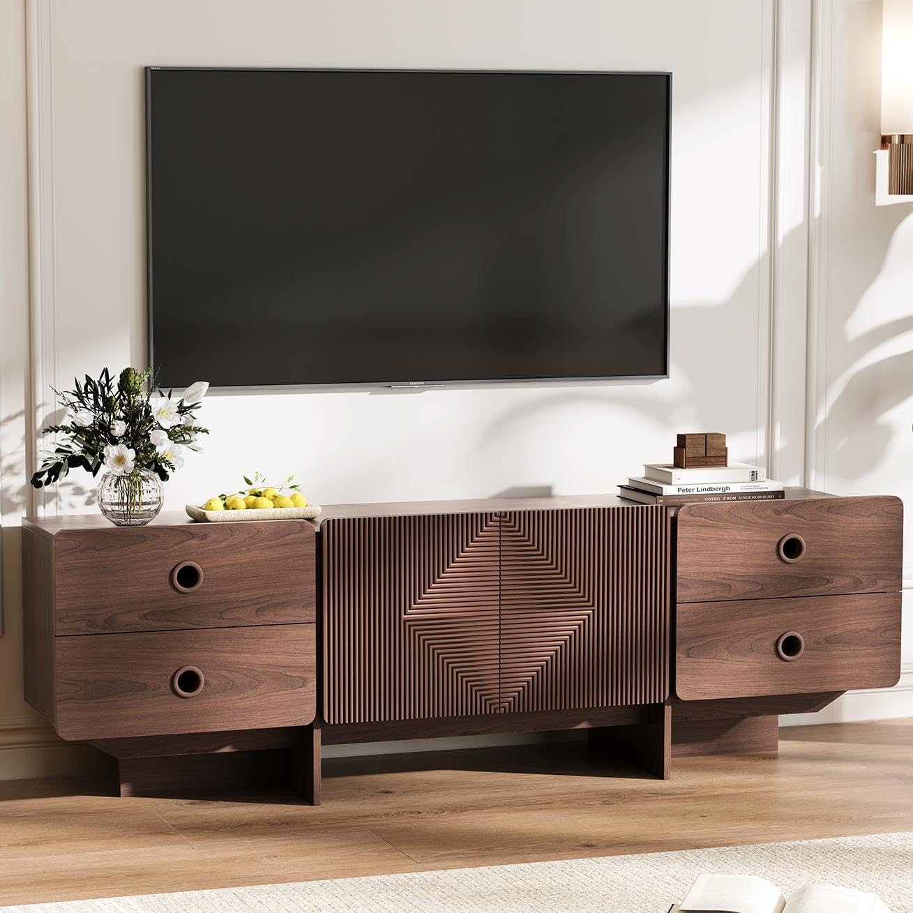 JOINICE 66  Fluted TV Stands for Living Room, Mid Century Modern TV Consoles for 75 inch TV, Entertainment Center with Storage, 