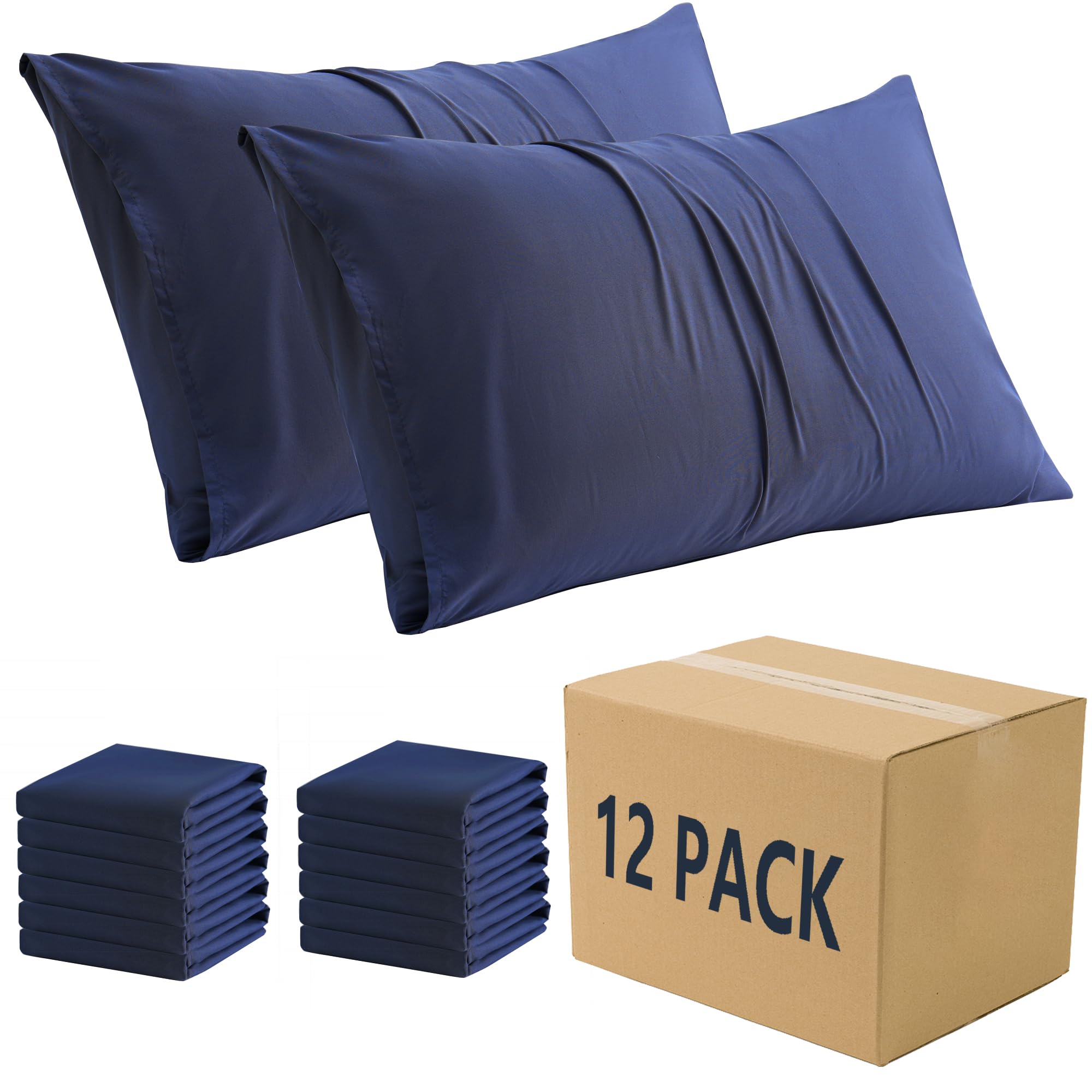 Zpecc Pillow Cases Queen Size 12 Pack - Bulk Navy Pillowcases With Envelope Closure, Pillow Covers For Home, Camping, Travel Ess
