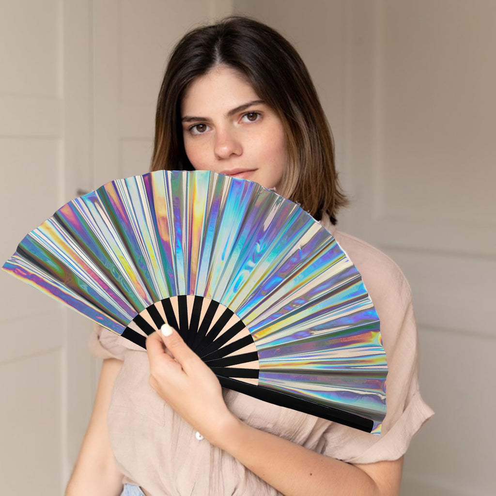 Dmjuncong Large Folding Hand Rave Fan,Clack Handheld Fan,Holographic Laser Colors Hand Fan,For Festivals,Rainbow Outfits,Disco P