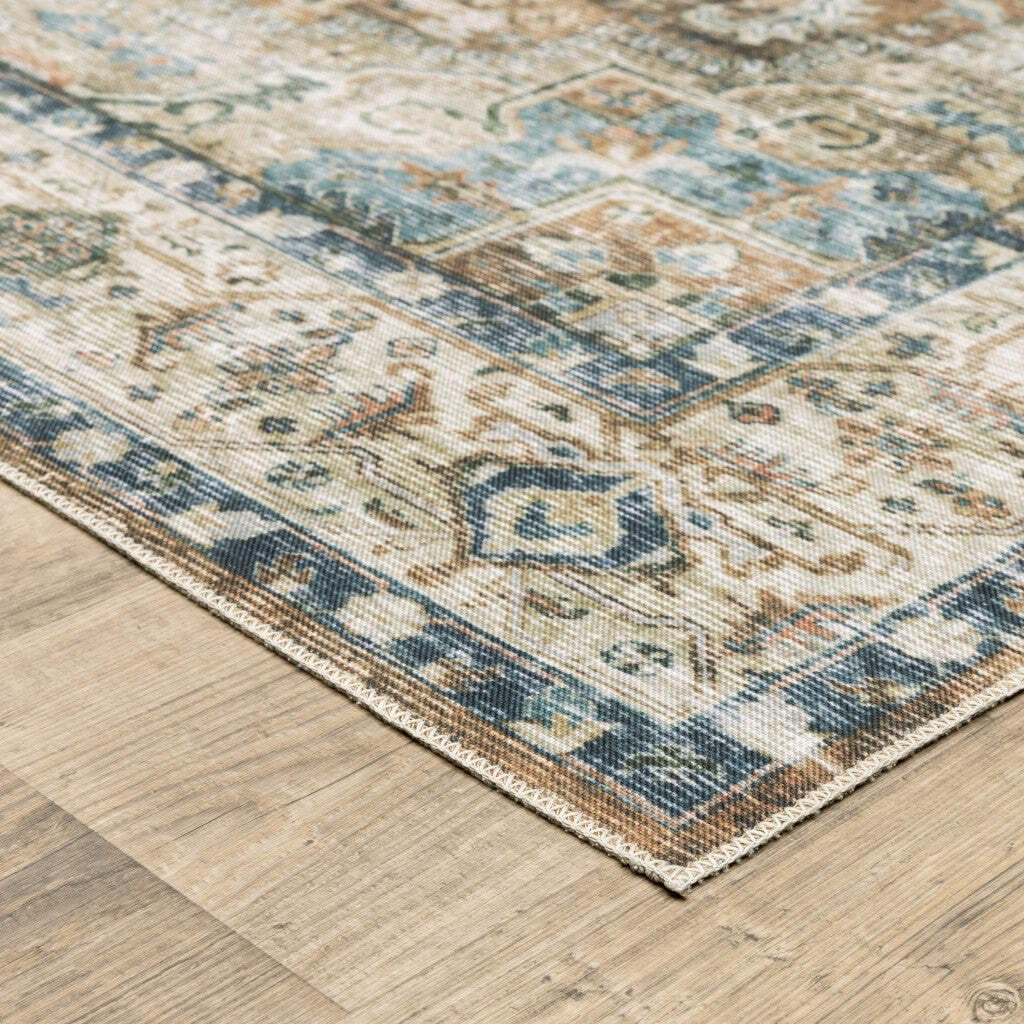 HomeRoots 510370 7 x 10 ft. Blue Gold Brown Green & Salmon Oriental Printed Stain Resistant Non Skid Rectangle Area Rug