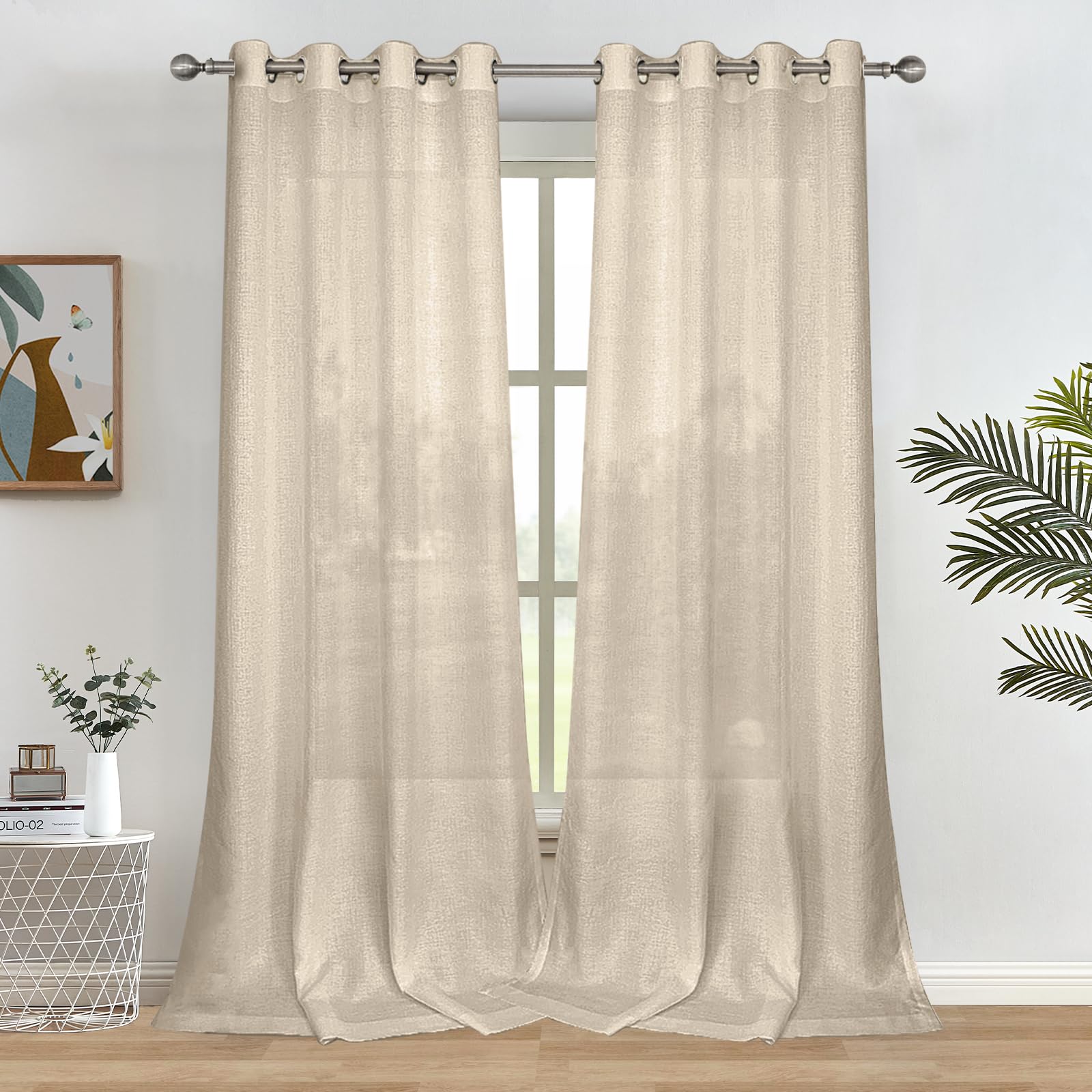 Melodieux Tan Semi Sheer Curtains 96 Inches Long For Living Room, Bedroom Faux Linen Light Filtering Grommet Privacy Sheer Drape