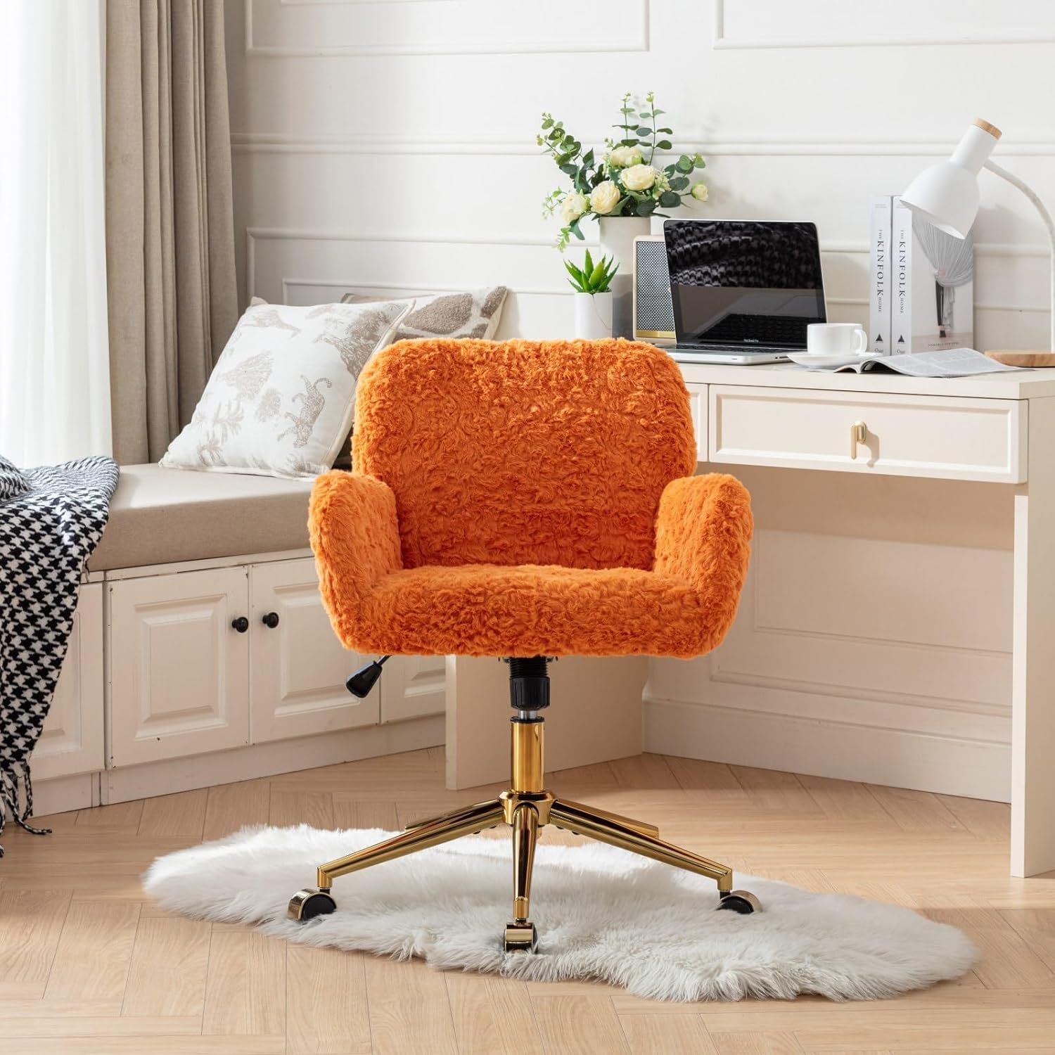 Office Orange Faux Fur Home Swivel Elegant Vanity Chair For Girls & Kids With Height Adjustable & Tilting Back, Gold Base
