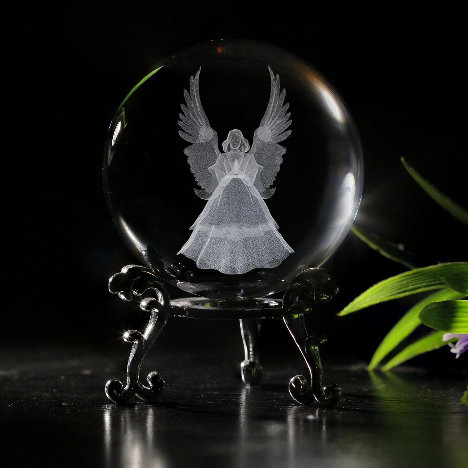 Vskikris 2.36In 3D Laser Crystal Guardian Angel Figurine Crystal Ball Paperweight With Stand Base - 3D Engraving Crystal Praying