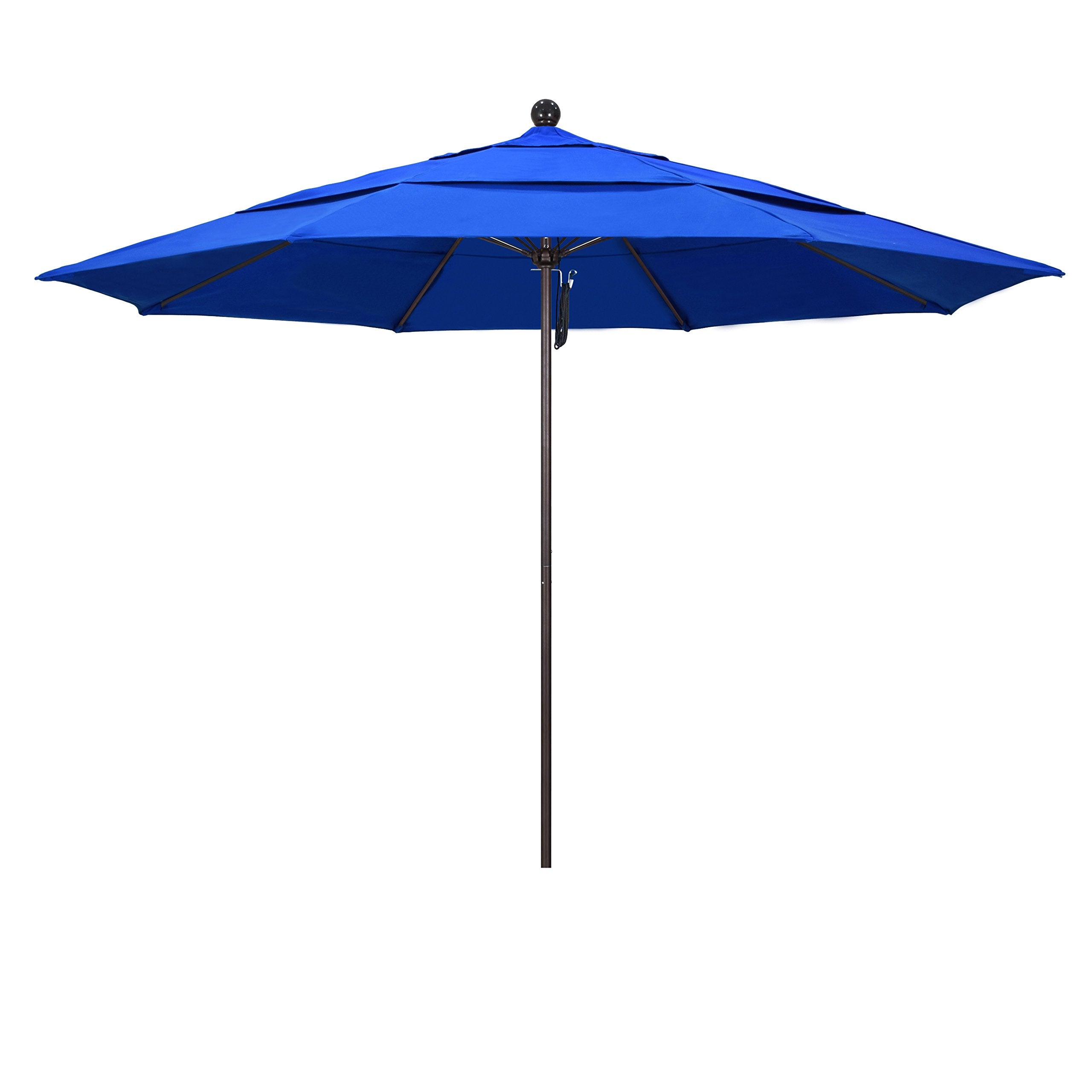 California Umbrella 11' Round Aluminum/Fiberglass Umbrella, Pulley Lift, Bronze Pole, Sunbrella Pacific Blue