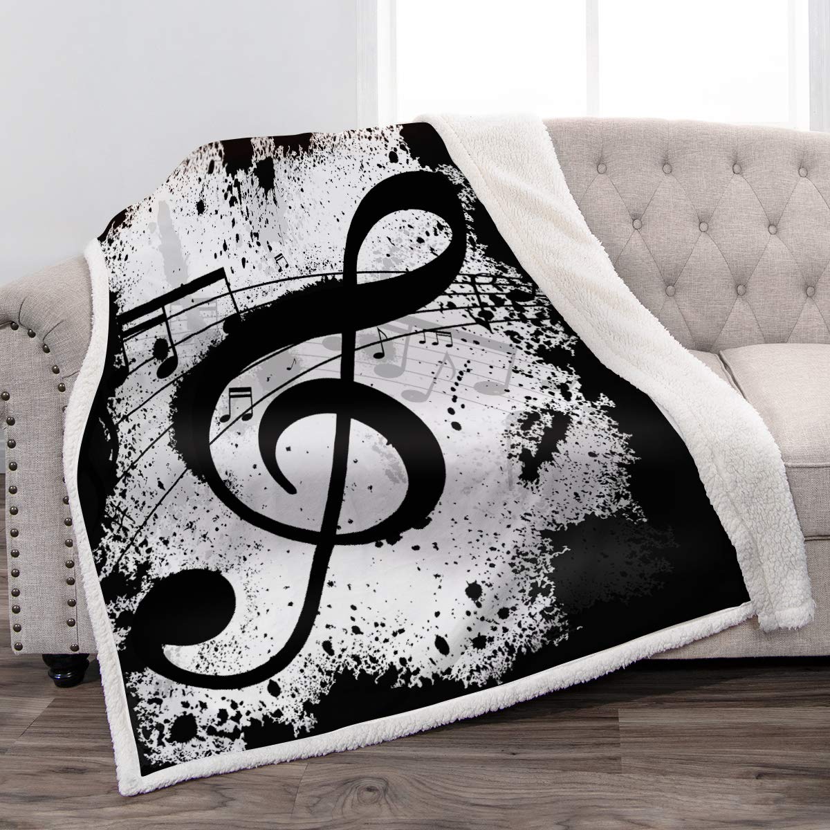 Jekeno Music Note Sherpa Blanket Soft Comfortable Black White Blanket For Sofa Chair Bed Office 50'X60'