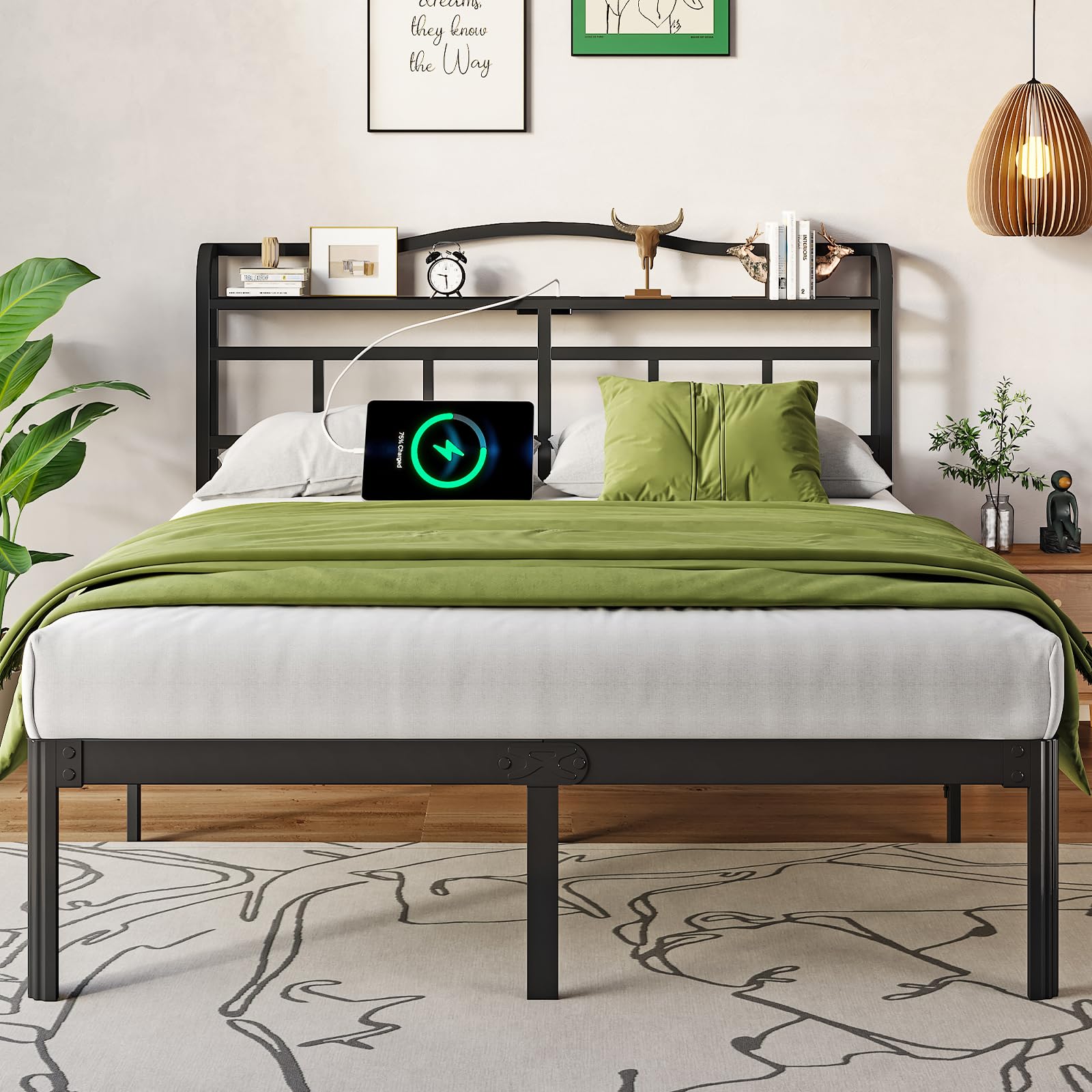 Osaset Queen Bed Frame - Queen Bed Frame With Headboard And Usb & Type C Charging Station, Heavy Duty Metal Bed Frame No Box Spr