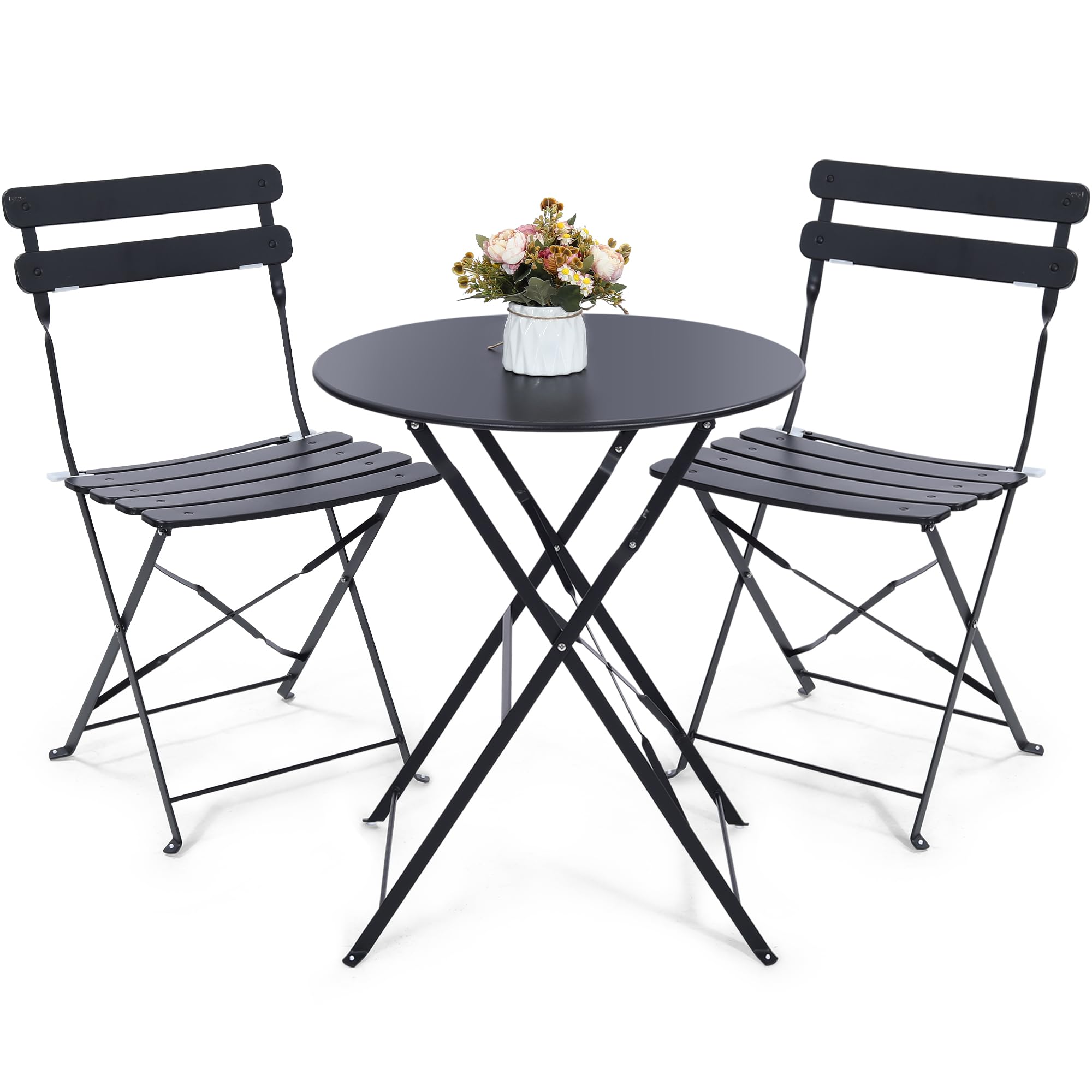 Kromax Outdoor Patio Bistro Set, Bistro Table And Chairs Set Of 2, Folding Bistro Table And Chairs Set, 3 Piece Folding Patio Furniture Set, Space Saving, Black