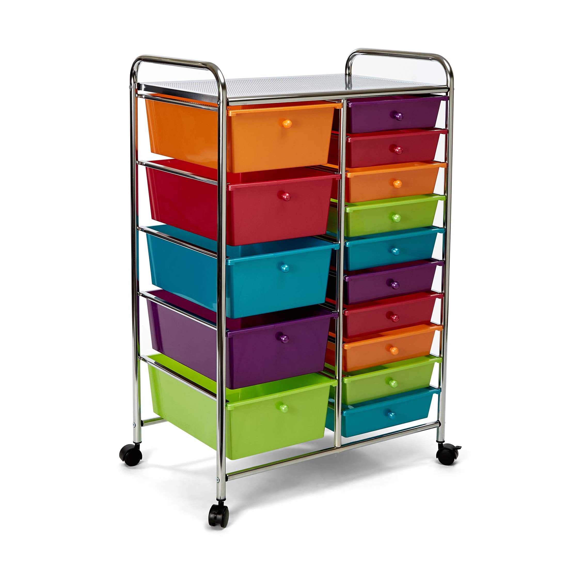 Seville Classics Rolling Utility Organizer Storage Cart For Home Office, School, Classroom, Scrapbook, Hobby, Craft, 15 Drawer, Multicolor (Pearlized)