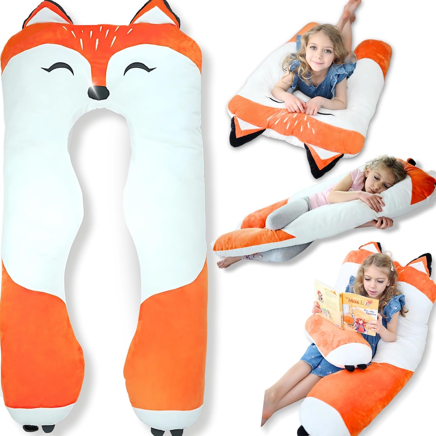 Fox Kids Body Pillow - 47' U-Shape Long Plush Soft Animal Pillow For Toddlers, Sleeping, Reading, Adhd & Special Needs Comfort,