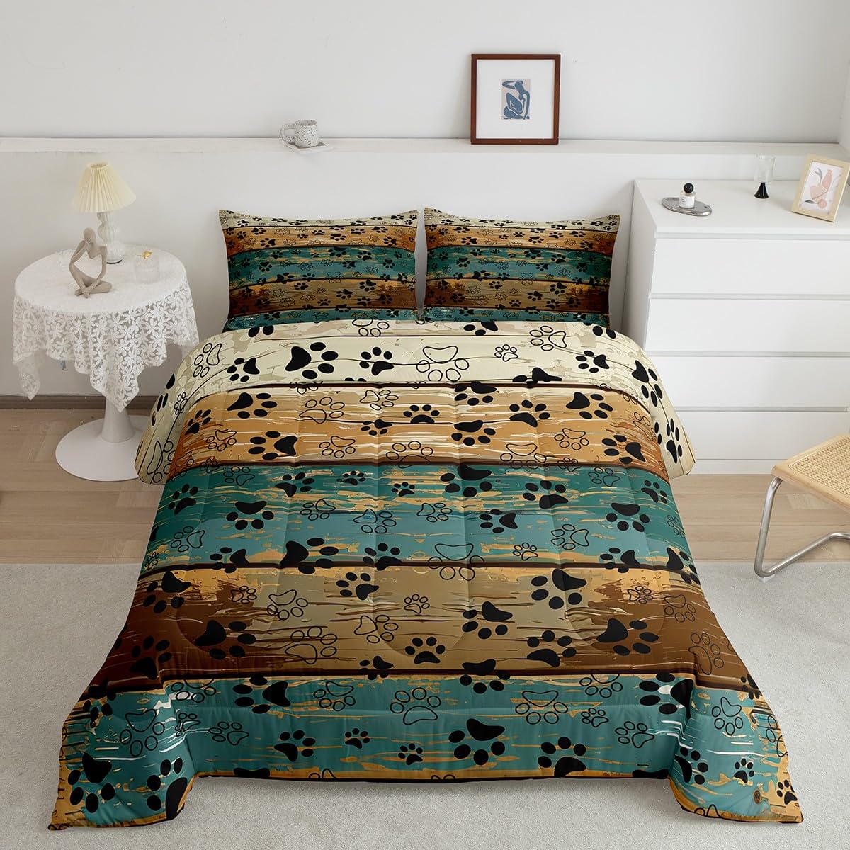Manfei Paw Print Comforter Set Full Size, Black White Animal Print Quilt Set With 2 Pillowcases, Rustic Farmhouse Style Bedding