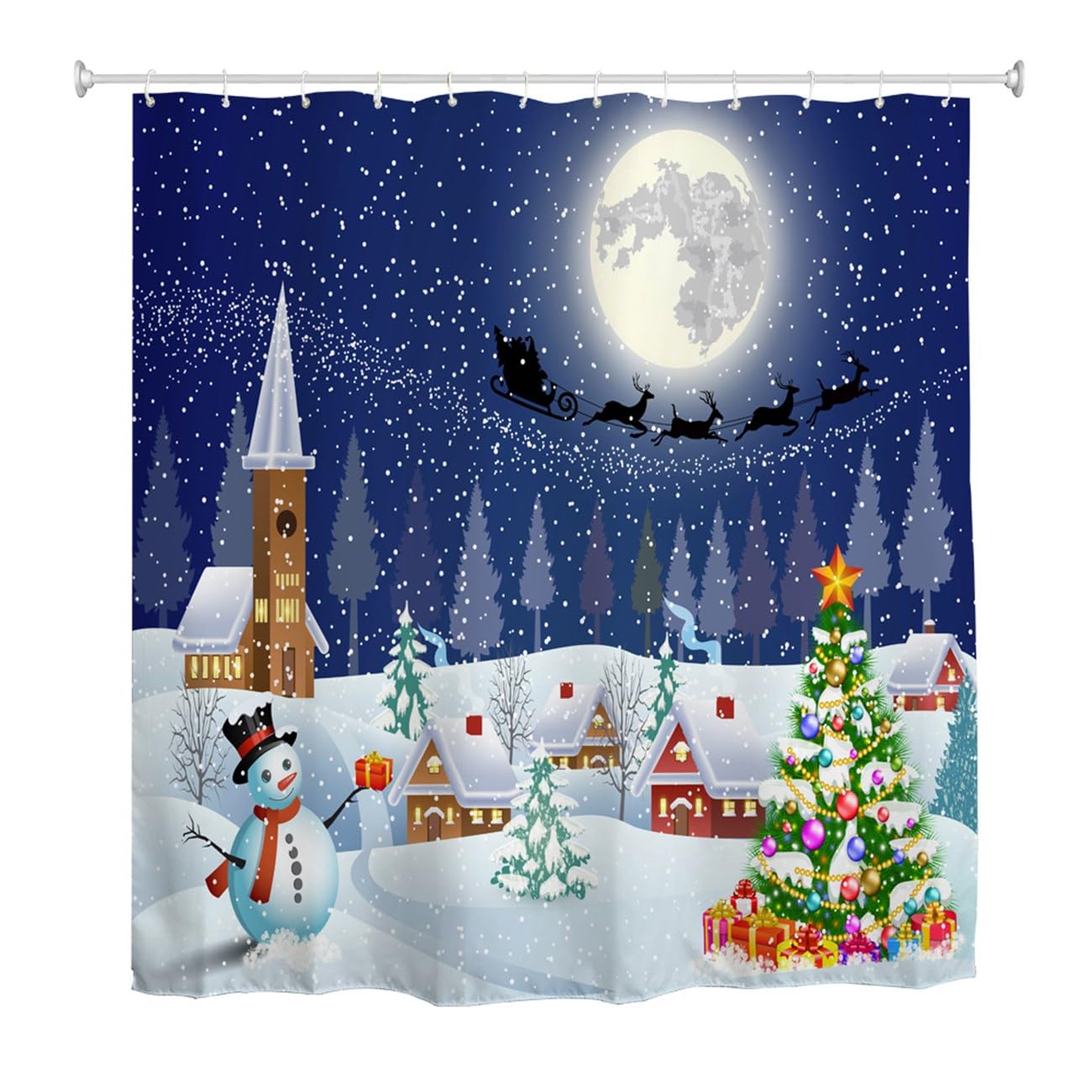 Mimihome Christmas Shower Curtain, Xmas Trees Winter Landscape Moon Night Waterproof Bath Curtains Bathroom, 72 Inch By 72 Inch,