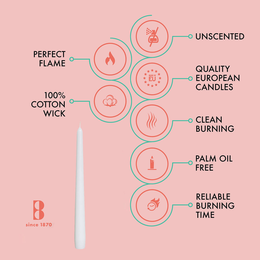 Bolsius White Taper Candles - 4 Pack Unscented 10 Inch Dinner Candle Set - 8 Hours Burn Time - Premium European Quality - Smokel