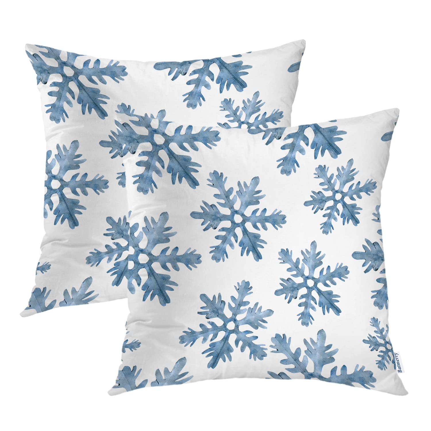 Batmerry Christmas Blue Decorative Pillow Covers, 20 X 20 Inch Blue Snow Winter With Snowflakes Falling White Crystal Double Sid