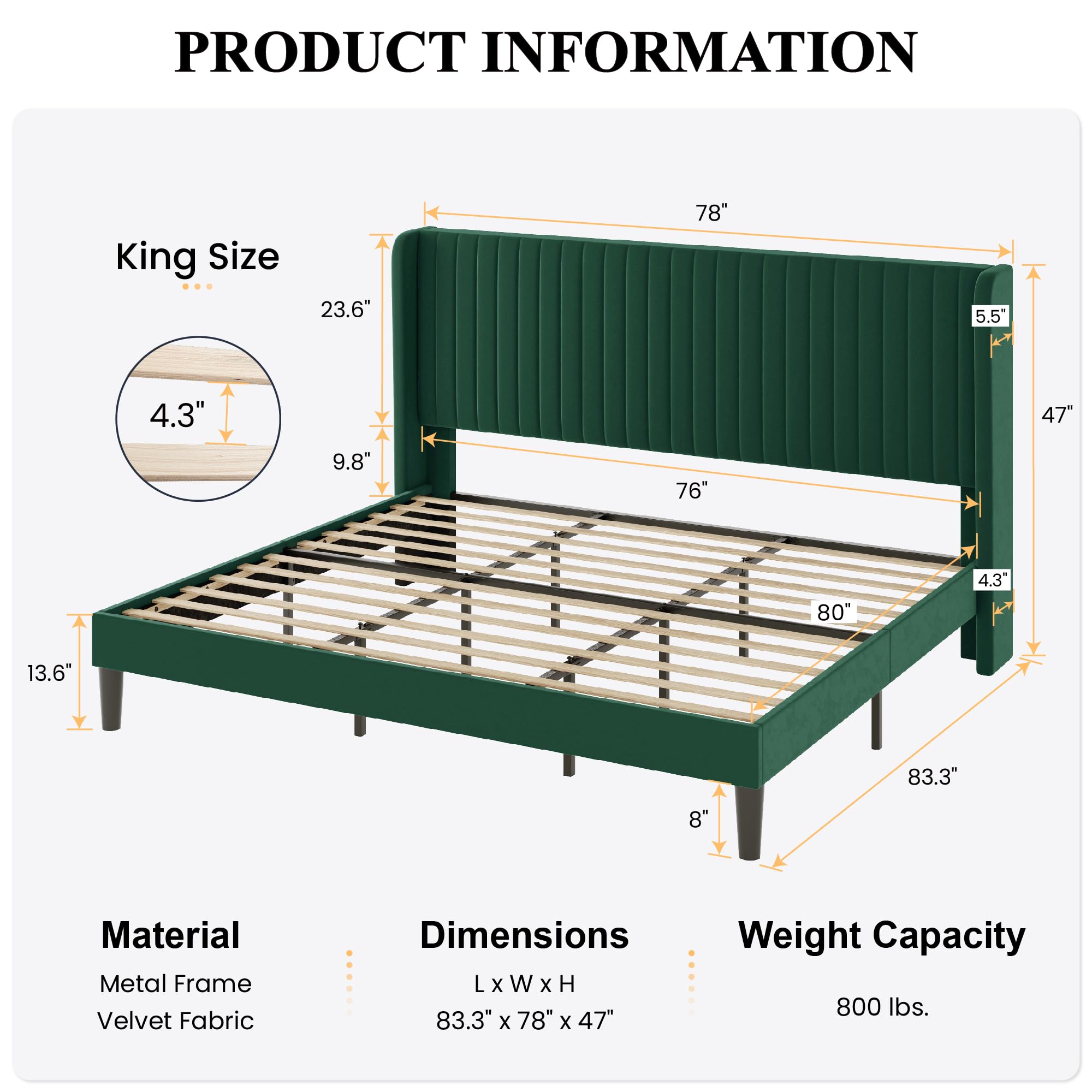 Sha Cerlin King Size Velvet Bed Frame With Vertical Channel Tufted Wingback Headboard, Upholstered Platform Bed With Wood Slats, No Box Spring Needed, Easy Assembly, Green
