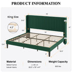 Sha Cerlin King Size Velvet Bed Frame With Vertical Channel Tufted Wingback Headboard, Upholstered Platform Bed With Wood Slats, No Box Spring Needed, Easy Assembly, Green