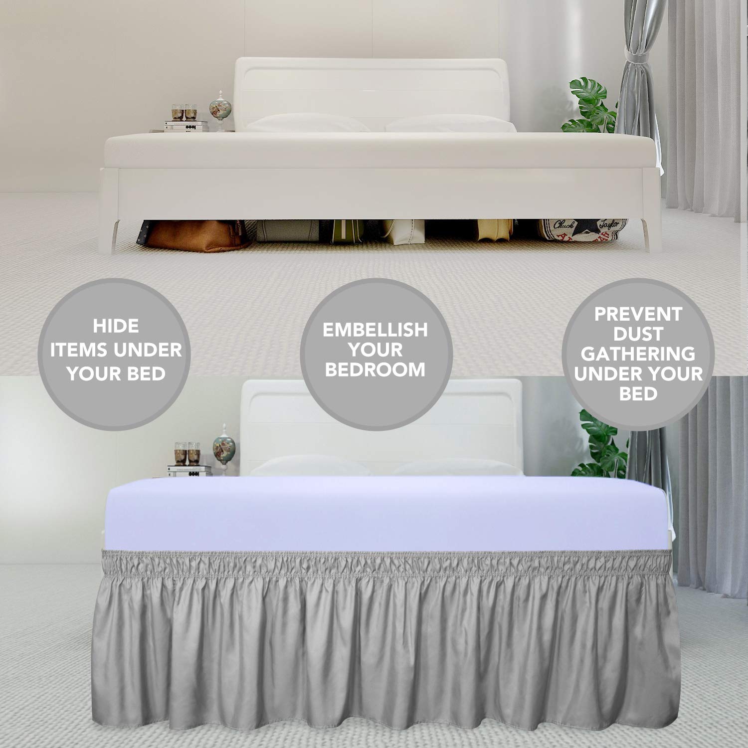 Purefit Wrap Around Ruffled Bed Skirt With Adjustable Elastic Belt - 14 Inch Drop Easy To Put On, Wrinkle Free Bedskirt Dust Ruffles, Bed Frame Cover For Twin,Twin Xl And Full Size Beds, Light Gray