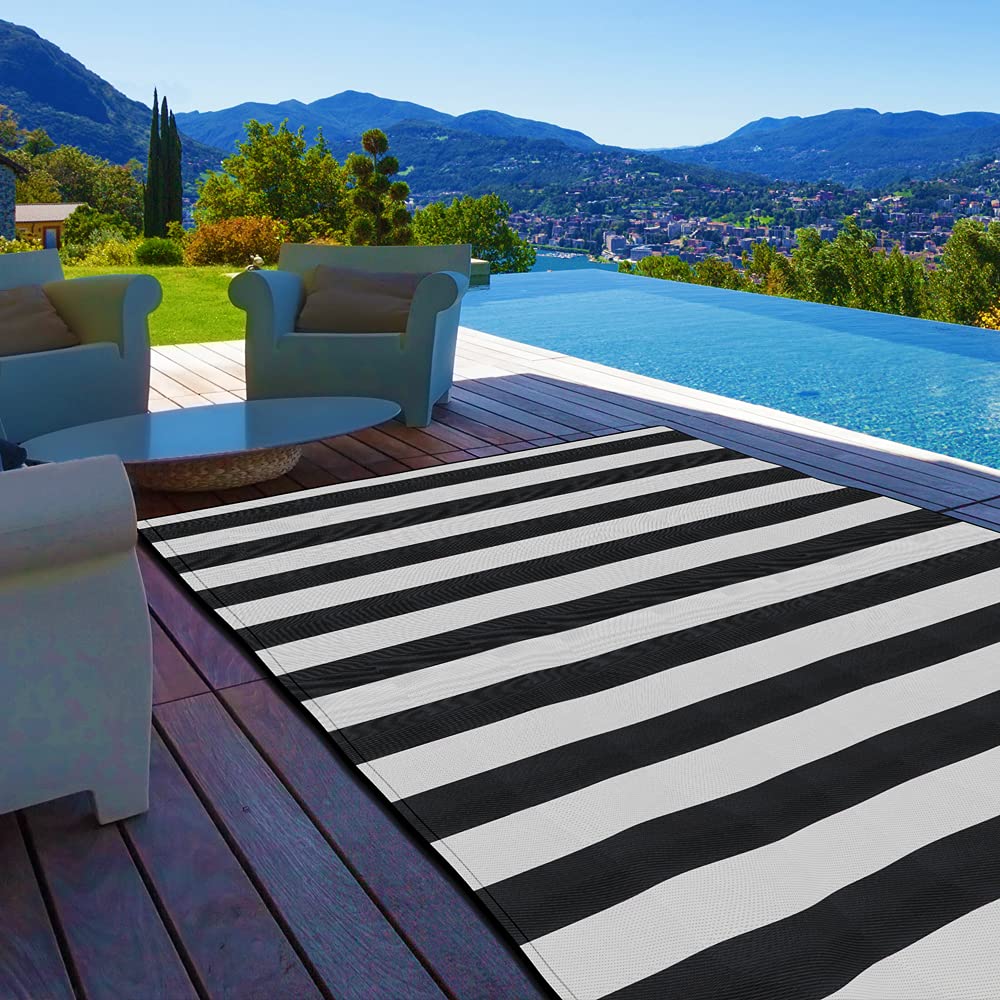 Pcinfuns Plastic Straw Rug,Patio Rugs Rv Camping Rug Reversible Mat,6'X9' Large Floor Mat And Rug For Outdoor,Black And White St