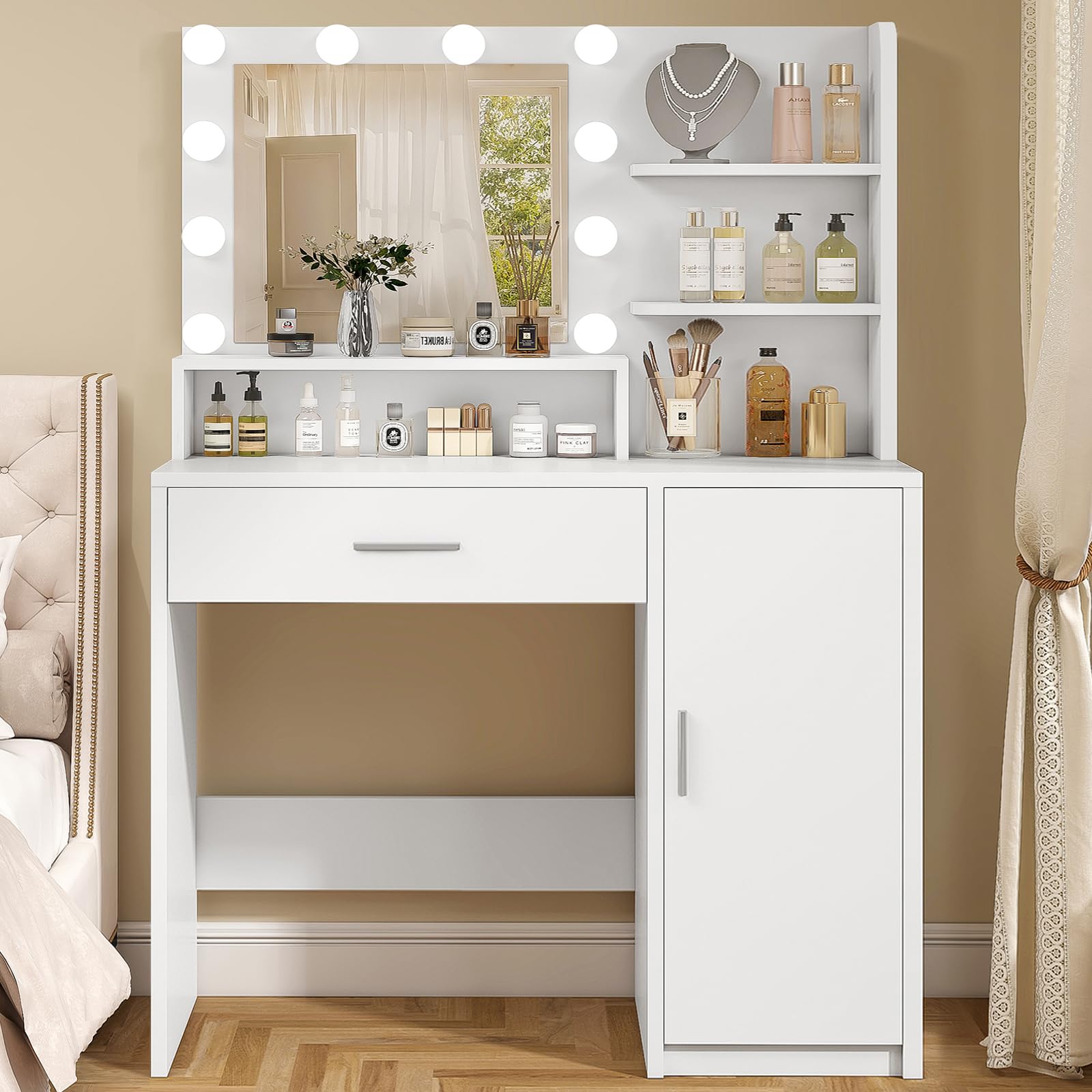 FIONESO Vanity Desk with 10 Lights & Mirror, 3 Storage Shelf, Big Drawer, Cabinet with Shelves, 3 Lighting Modes & Adjustable Br