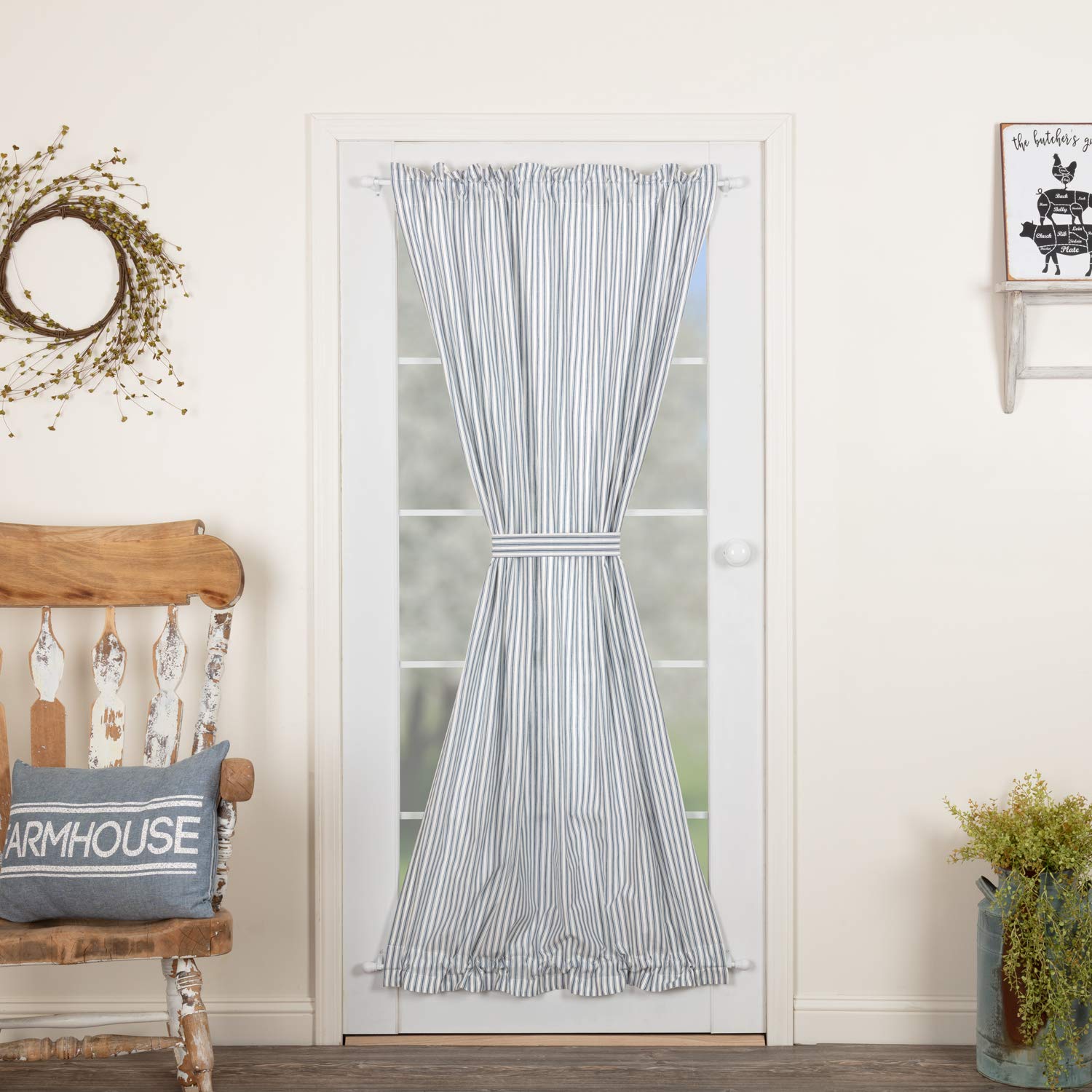Vhc Brands Farmhouse Sawyer Mill Ticking Rod Pocket Cotton Tie Back(S) Striped Curtain, Door Panel 72X40, Blue