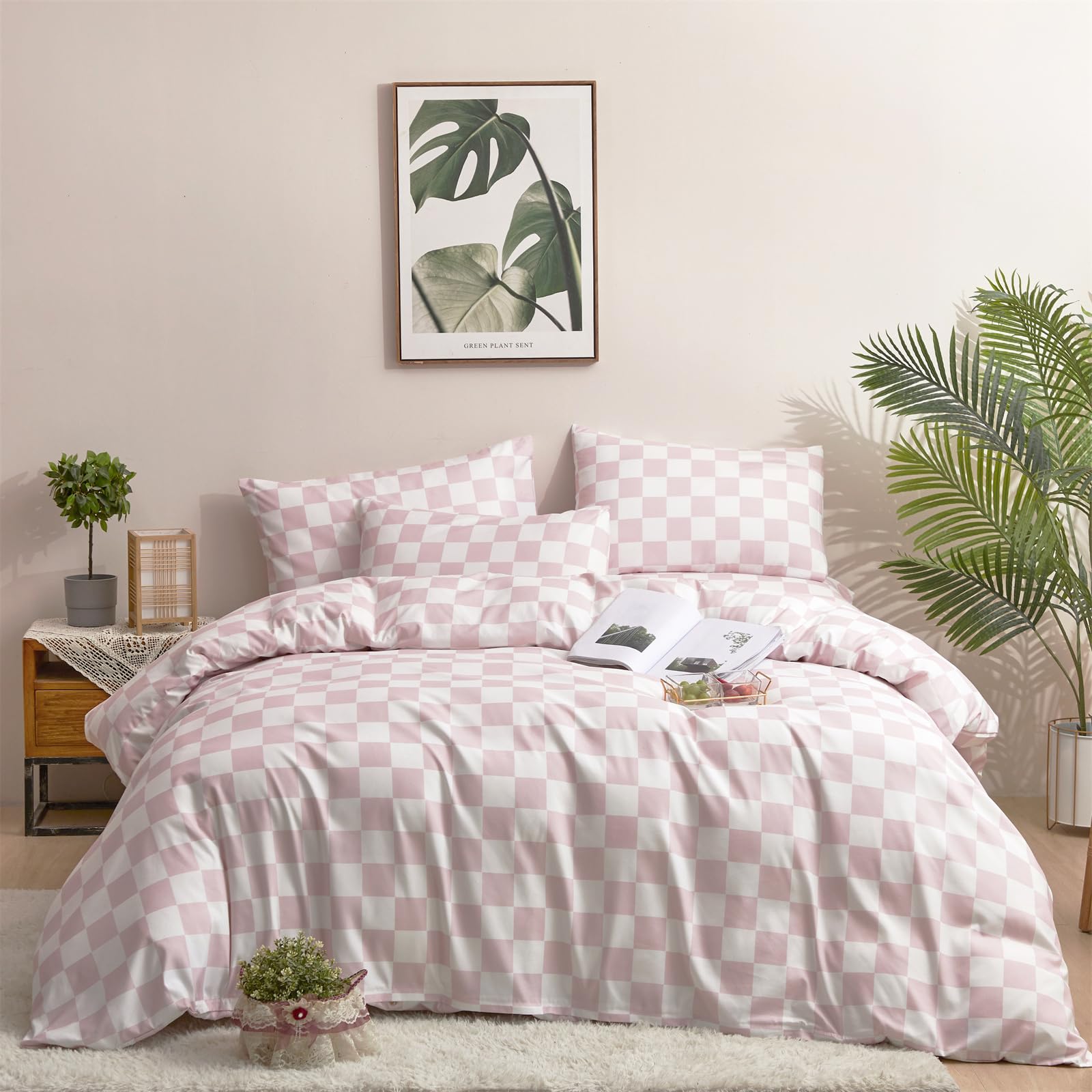 Clothknow Pink White Plaid Twin Comforter Set 3Pcs Grid Bedding Comforter Sets Blush Comforters Soft Checker Pink Comforter And 2 X Pillowcases