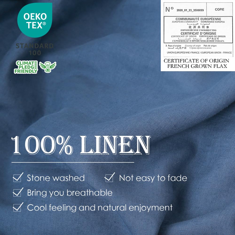 Simple&Opulence 100% Linen Duvet Cover Set 3Pcs Basic Style Natural French Washed Flax Solid Color Soft Breathable Farmhouse Bedding With Button Closure - Classic Blue, King