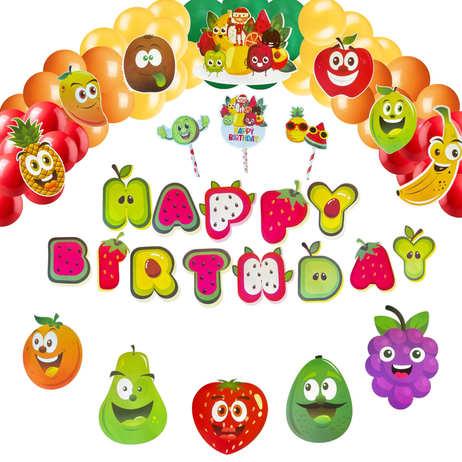Fi  Flick In 49Pcs Happy Birthday Decoration Items For Kids Fruit Theme Decoration Set Fruit Figure Cutouts Props Cake Topper B