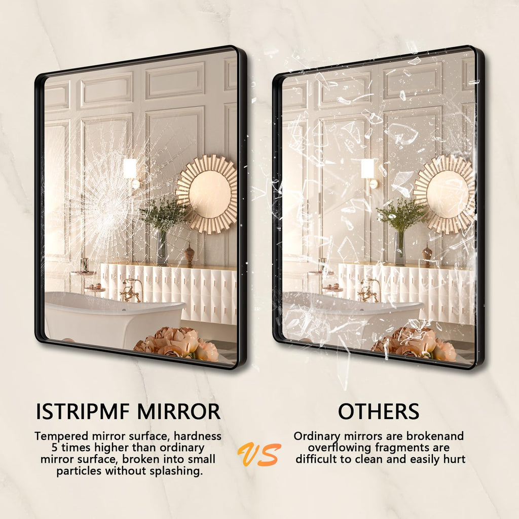 Istripmf Black Metal Framed Bathroom Mirror For Wall,32X36 Rounded Rectangle Mirror, Matte Black Bathroom Vanity Mirror Farmhous