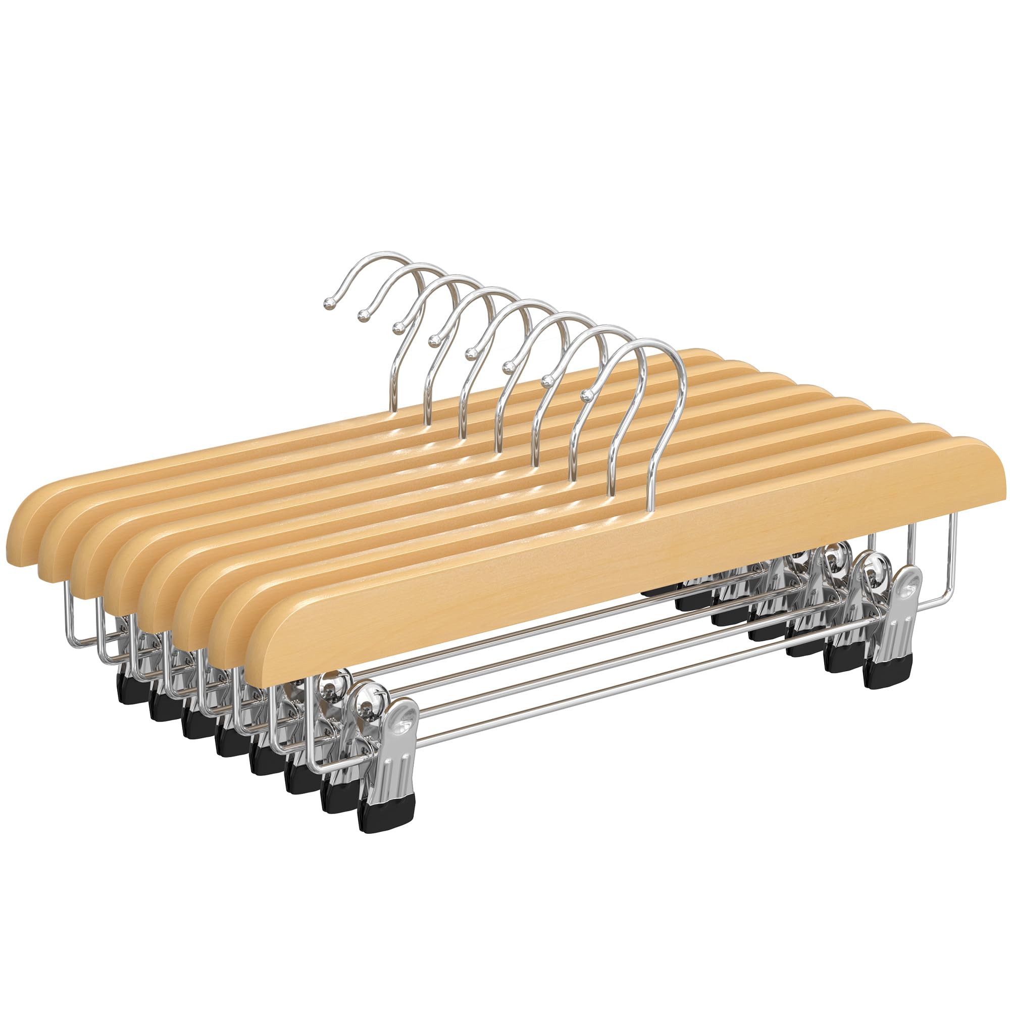 SONGMICS Wooden Pants Hangers 8 Pack, Pants Hangers with Adjustable Anti-Rust Metal Clips, 360 Swivel Hook, Skirt Hangers for Pa