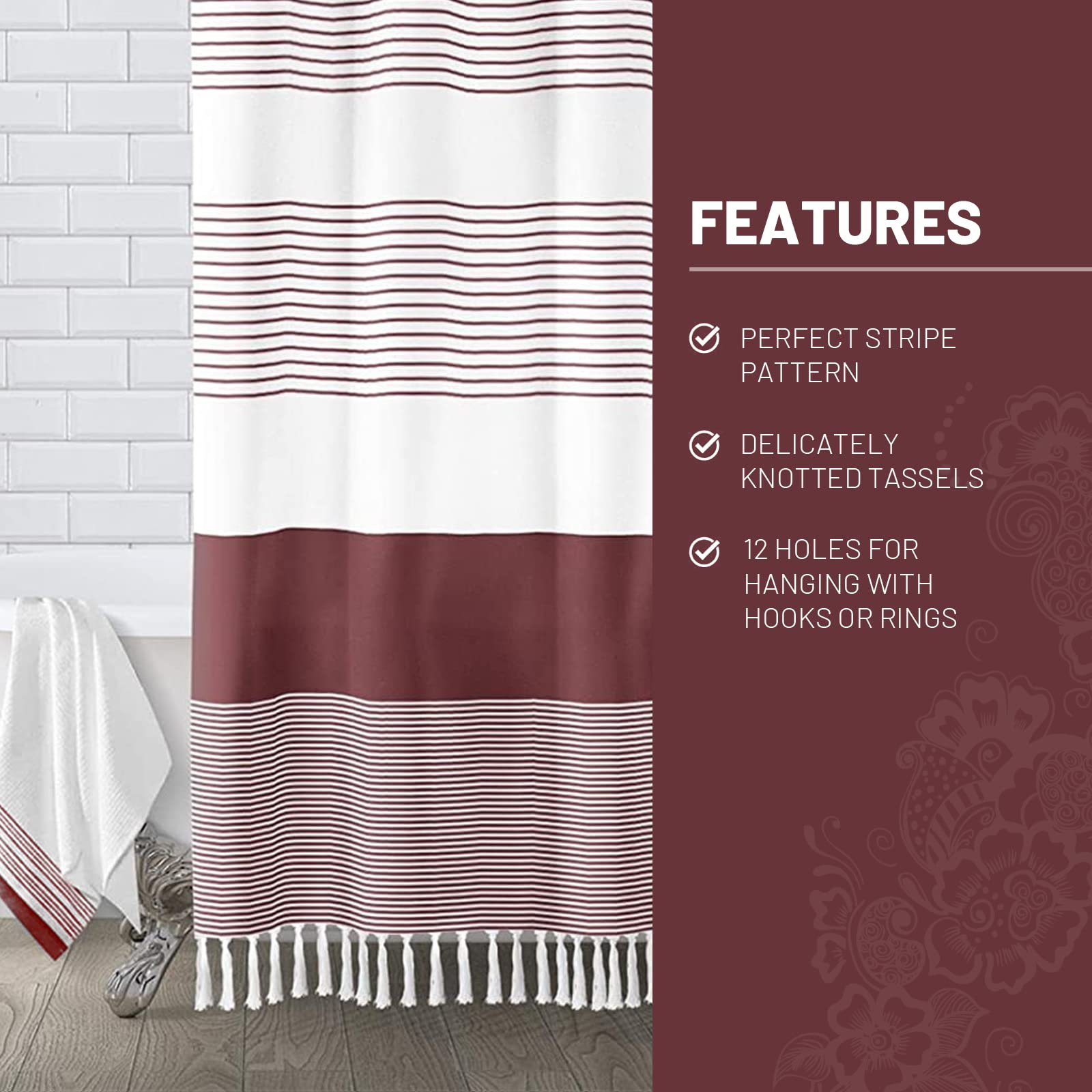 Awellife Red Burgundy Shower Curtain For Bathroom Stripe Tassel Maroon Shower Curtain 72 X 72 Inches Farmhouse Linen