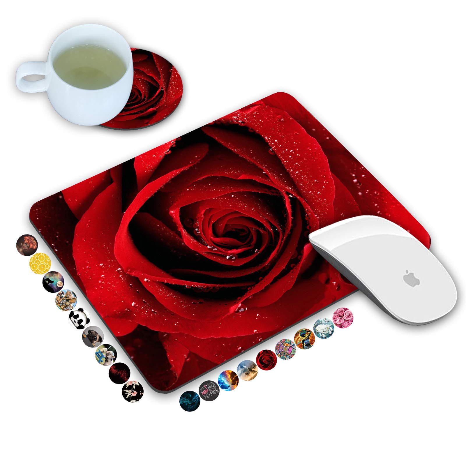 Loworo Mouse Pad And Coasters Set, Red Rose Mouse Pad, Non-Slip Rubber Base Rectangle Mouse Pads For Laptop And Computer Office