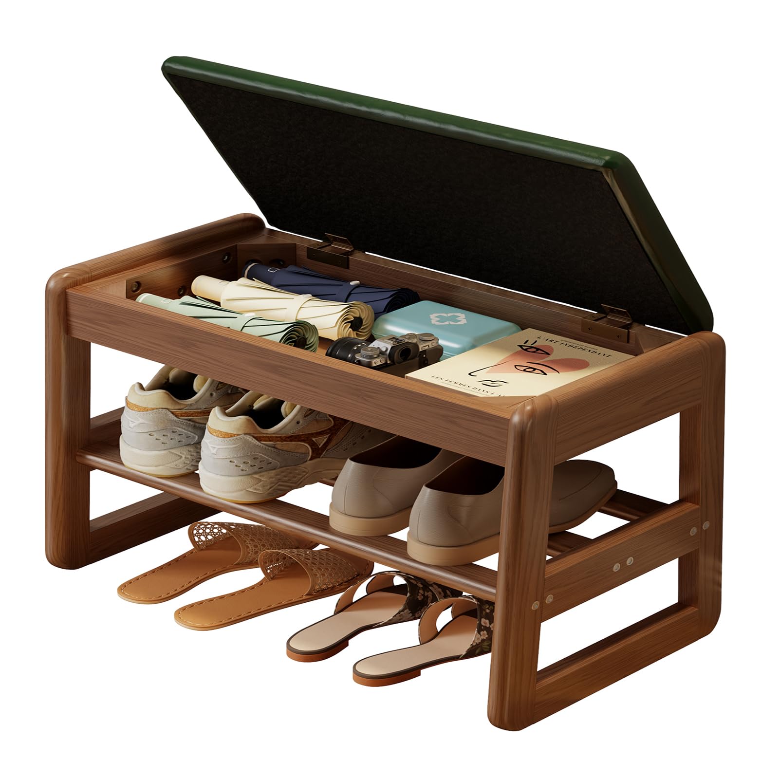 Aqimuele Small Shoe Bench With Leather Cushion,2 Tiers Shoe Rack Bench With Flip-Top Storage,Wood Shoe Rack For Entryway(Green,2