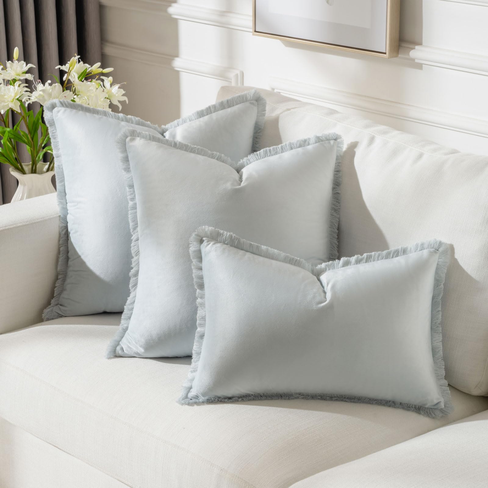 Futei Light Blue Boho Throw Pillow Covers With Tassels 12X20 Inch Set Of 2,Soft Velvet Lumbar Pillow Cases,Home Decor For Couch