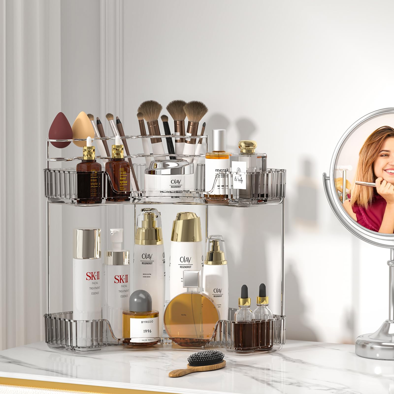 2 Tier Corner Bathroom Counter Organizer, Bathroom Countertop Shelf With Makeup Brush Holder, Makeup Organizer For Vanity Perfum