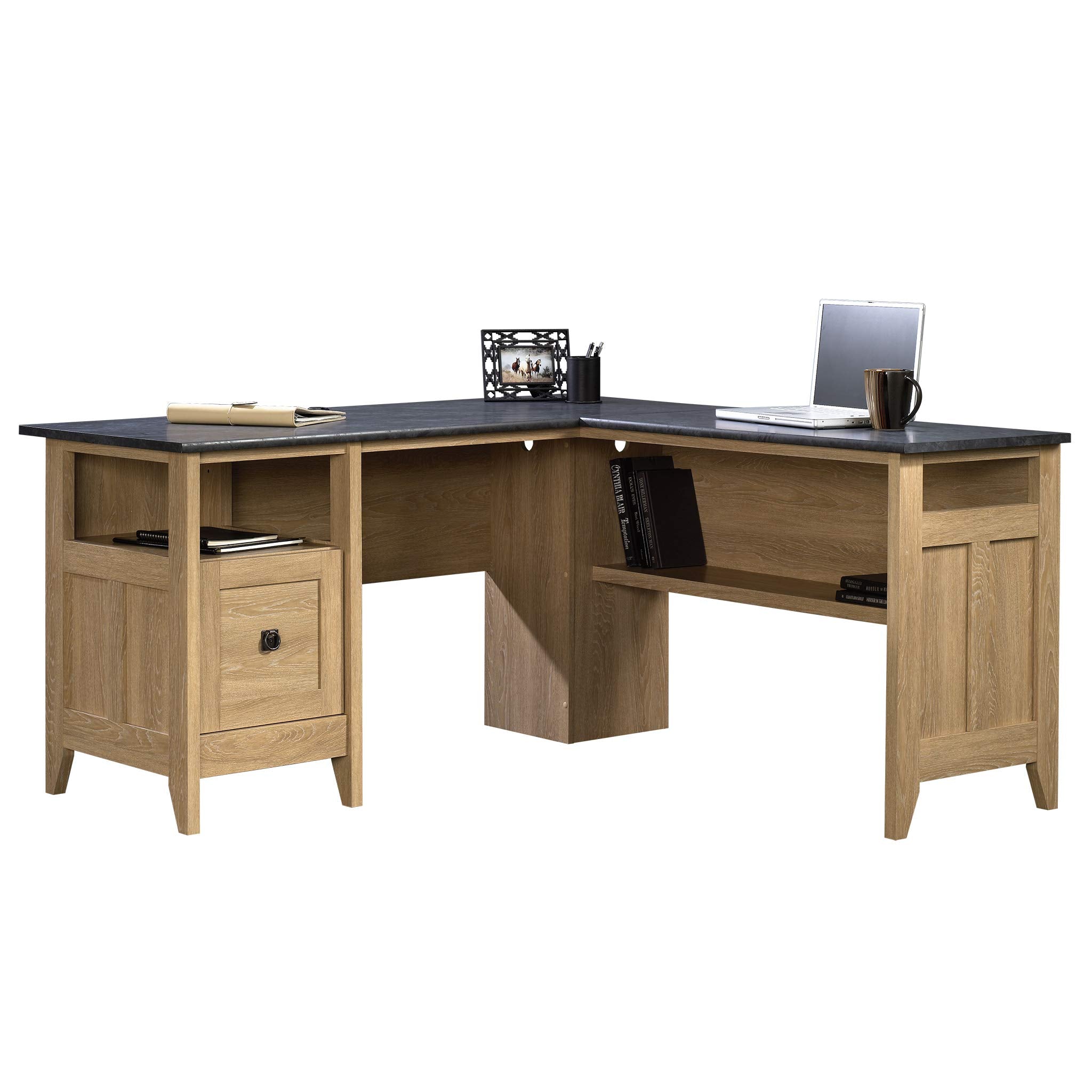 Sauder August Hill L-Shaped Desk, Dover Oak finish, L: 59.06 x W: 58.74 x H: 29.25