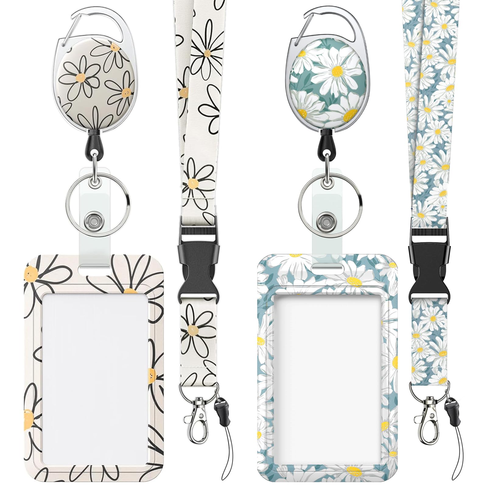 Uniclife 2 Pack Floral Sliding Badge Holder White Blue Flower Plastic Case With Retractable Badge Reel Carabiner Clip And Detach