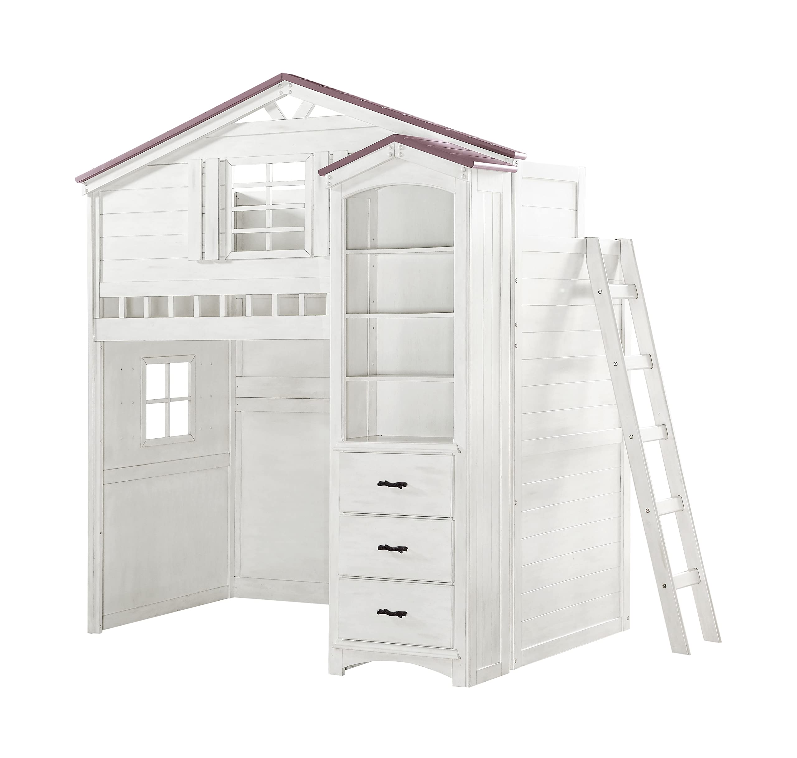 Acme Tree House Wooden Twin Loft Bed with Side Ladder in Pink and White