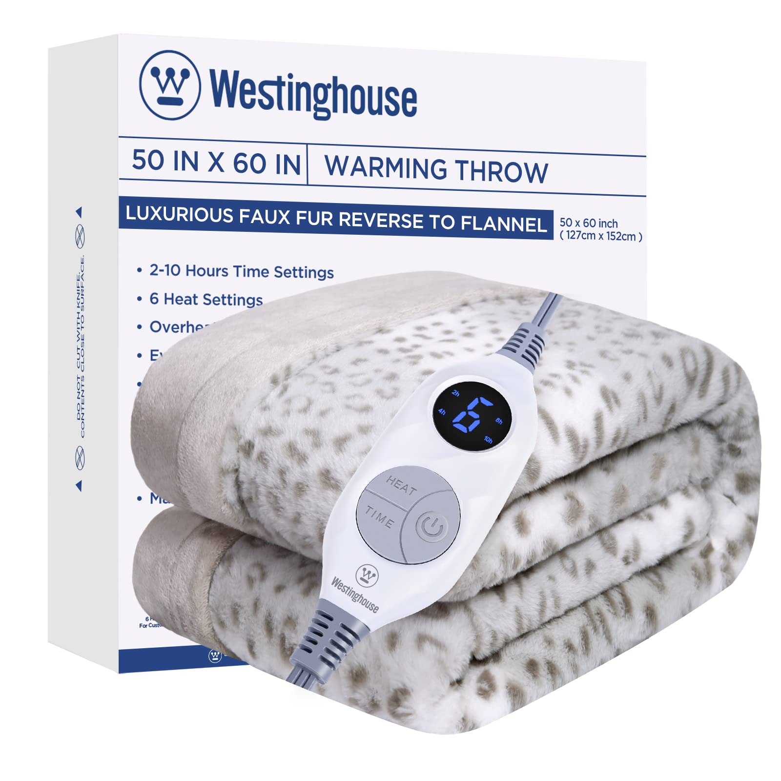 Westinghouse Heated Throw Blanket, Grey Leopard Electric Throw Blanket, Luxury Faux Fur To Flannel Reversible, 6 Heating Levels