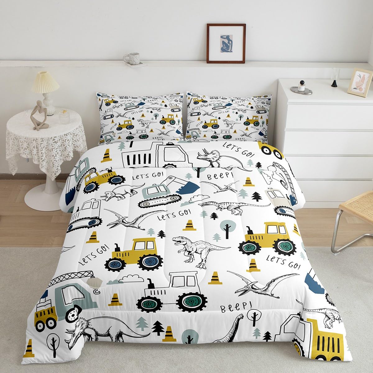 Construction Comforter Set Full Size Kids Cartoon Car Excavator Tractor Toddler Comforter Equipment Trucks Dinosaur Comforter Se