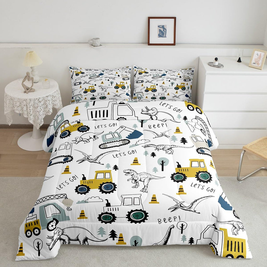 Construction Comforter Set Full Size Kids Cartoon Car Excavator Tractor Toddler Comforter Equipment Trucks Dinosaur Comforter Se