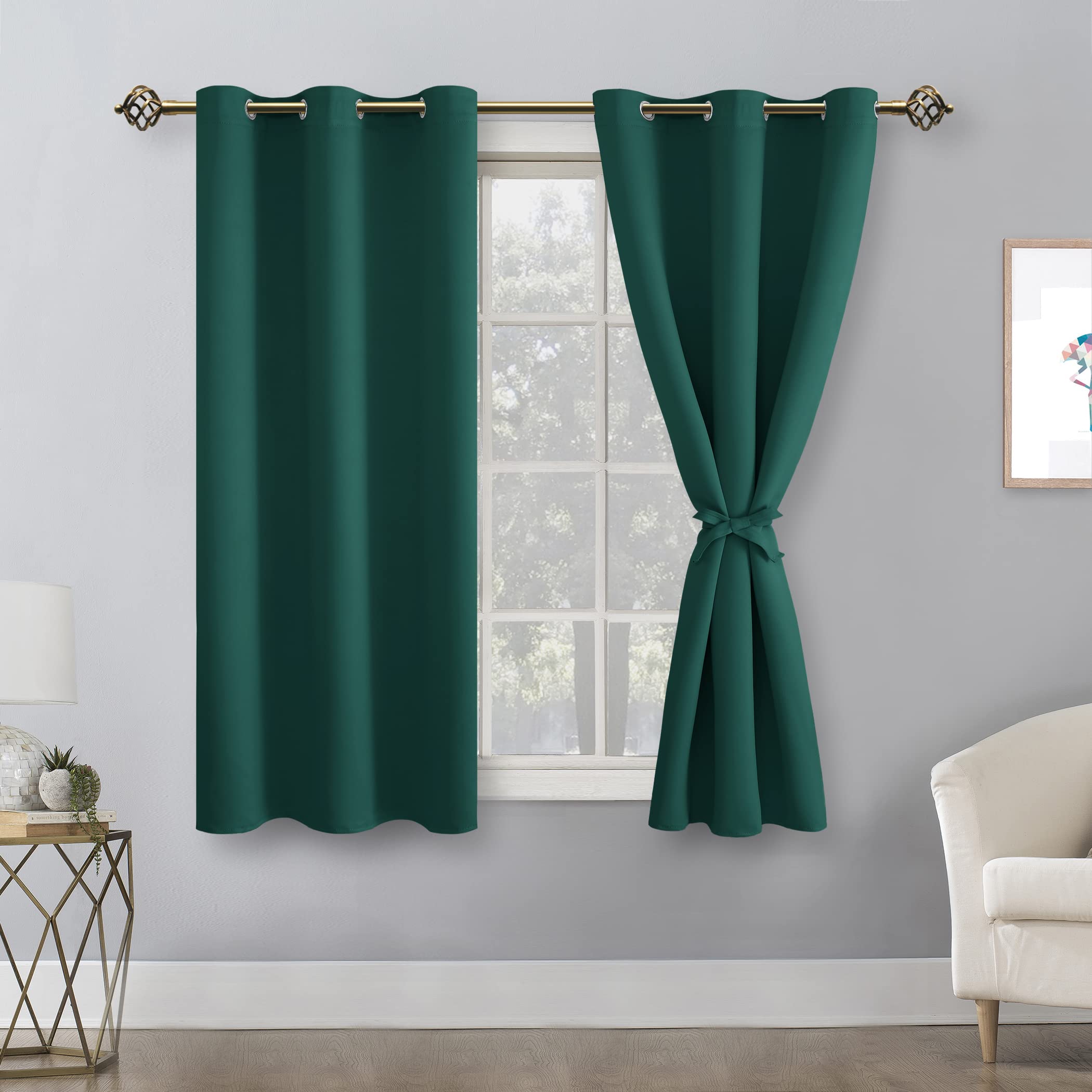 Hiasan Short Blackout Curtains For Bedroom - Thermal Insulated & Energy Saving Window Curtains For Living Room, 2 Drape Panels Sewn With Tiebacks, Hunter Green, 38 X 45 Inch