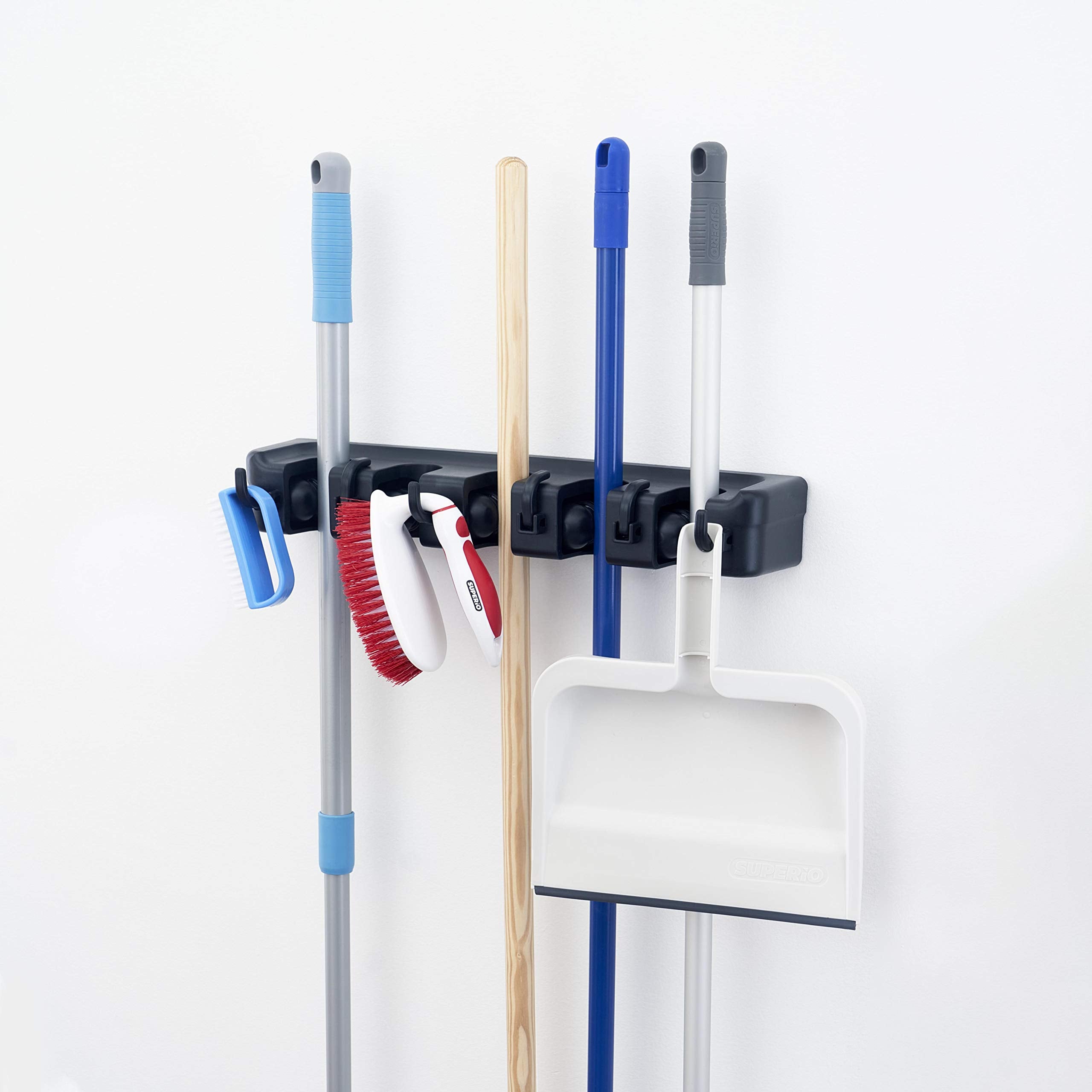Superio Mop and Broom Holder Wall Mount (Black) Cleaning Tools Wall Organizer, 5 Rack Slots and 6 Hooks for Kitchen Closet Garag