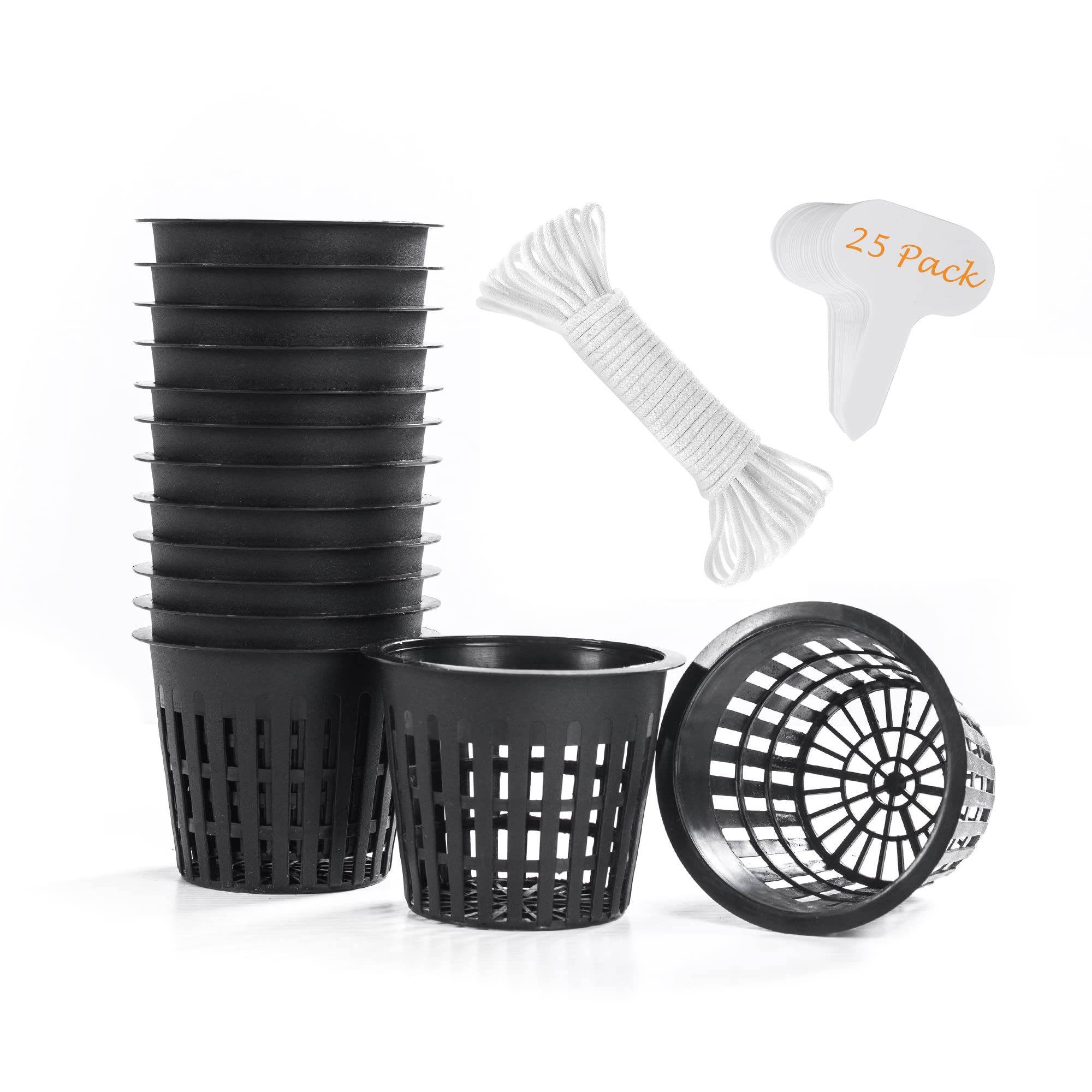 Orimerc 25 Pack 3 Inch Net Cup Pot With 25 Feet Hydroponic Self Watering Wick & 25 Pcs Plant Label Aquaponics Mason Jar Insert O