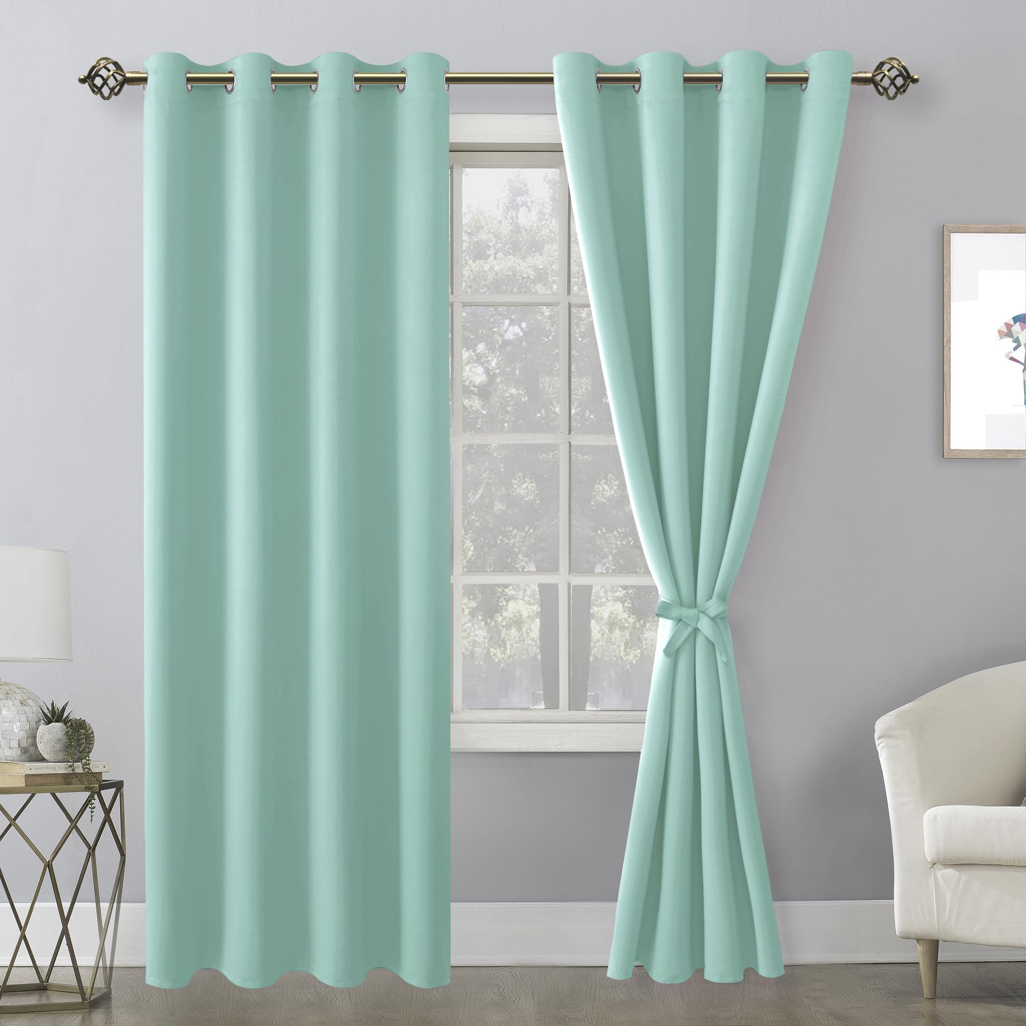 Hiasan Blackout Curtains For Bedroom, 52 X 96 Inches Long - Thermal Insulated & Energy Saving Window Curtains For Living Room, 2 Drape Panels Sewn With Tiebacks, Aqua
