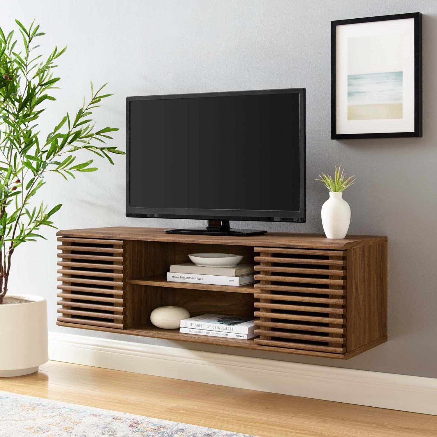 Modway Render 46&quot; Mid-Century Modern Wall Mount Media Console Tv Stand, 46 Inch, Walnut