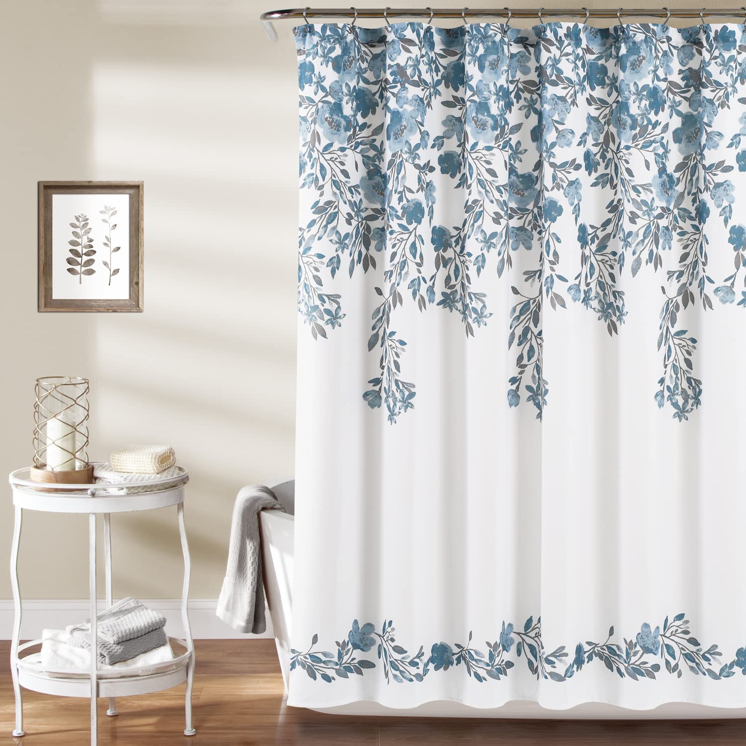Lush Decor Tanisha Shower Curtain, 72' W X 72' L, Navy & White - Navy Blue Flower Vine Print - Beautiful & Elegant Floral Show
